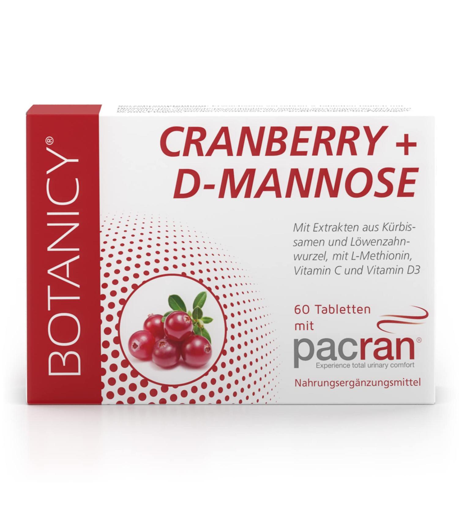 Buy Botanicy Cranberry + D-Mannose - Supports Bladder Health & Urinary Tract - Pacran Powder Vitamin C & D3 Pumpkin Seeds & Dandelion Root - 60 Tablets/Capsules International Shipping Available - Buy Online on GoSupps.com
