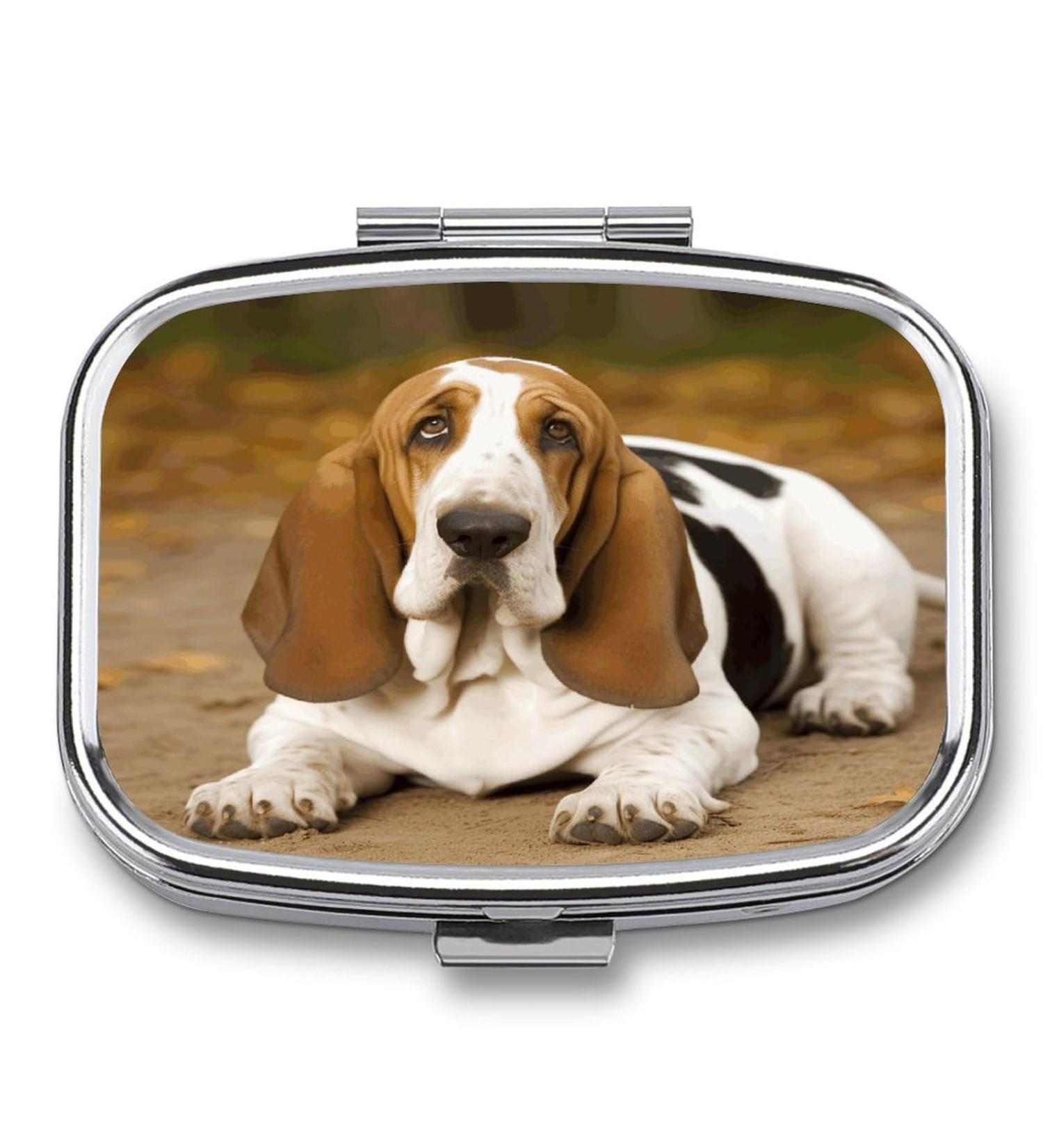 Pill Box Basset Hound Print | 2 Compartment Medicine Organizer | Portable Decorative Metal Pill Case for Pocket or Purse - Buy Online on GoSupps.com