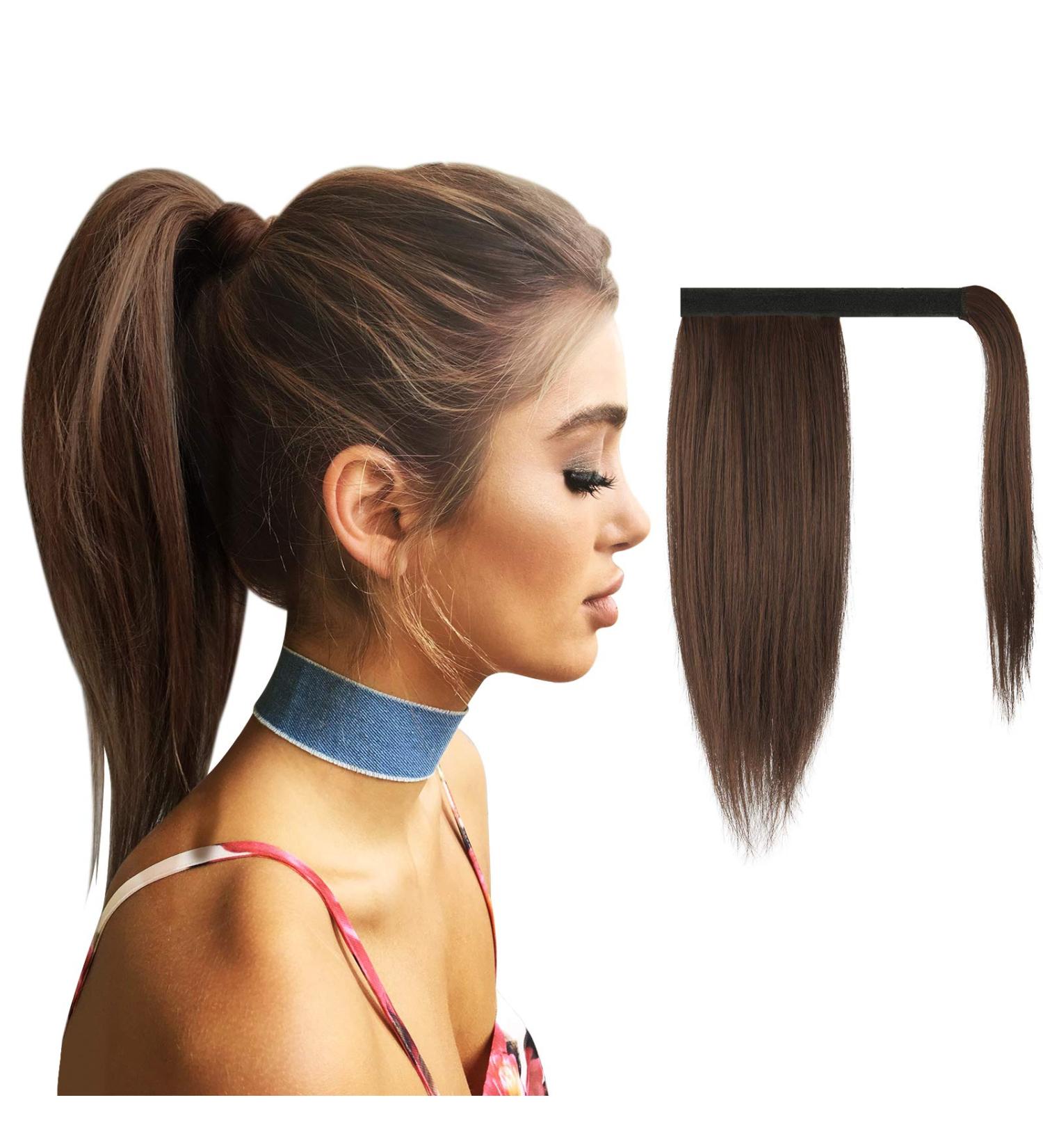 FESHFEN Straight Ponytail Extension 12 Medium Brown & Light Auburn Mixed - Clip in Synthetic Hairpiece for Women & Girls - Buy Online on GoSupps.com