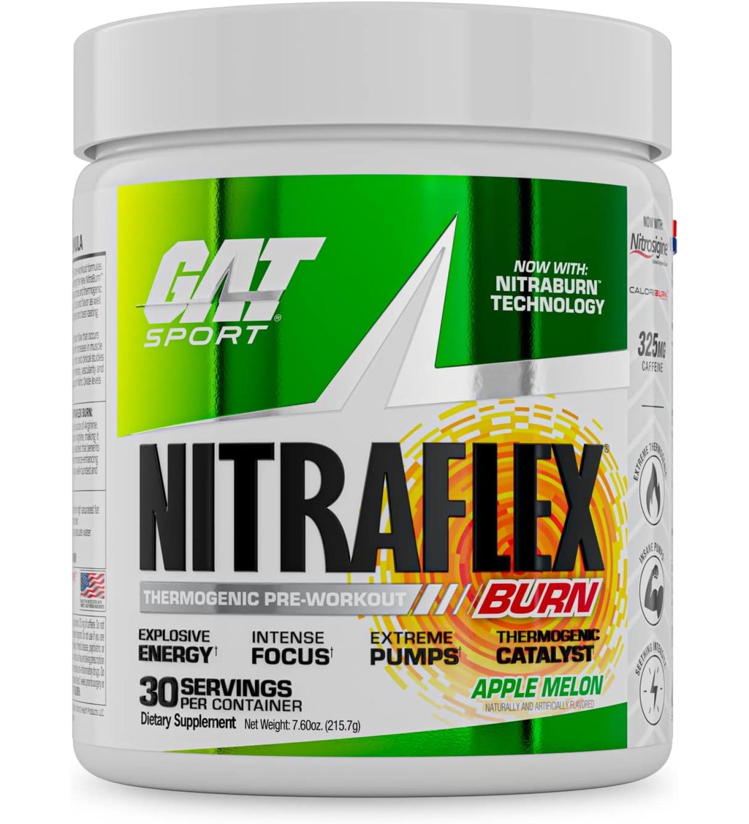 GAT NITRAFLEX Burn Pre Workout - Apple Melon Flavor - 30 Servings | Boost Energy & Burn Fat - Buy Online on GoSupps.com