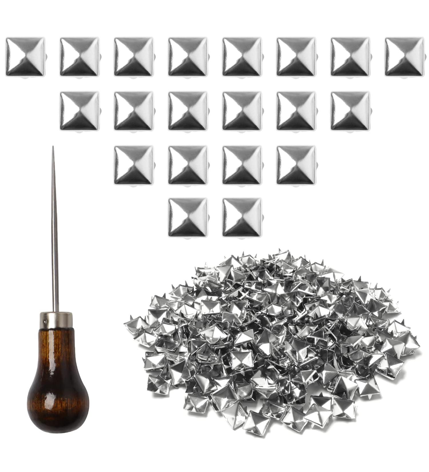 600 pc 10mm Silver Pyramid Studs Rivets Punk Spikes for Clothing Leather Bag with Scratch Awl - Buy Online on GoSupps.com
