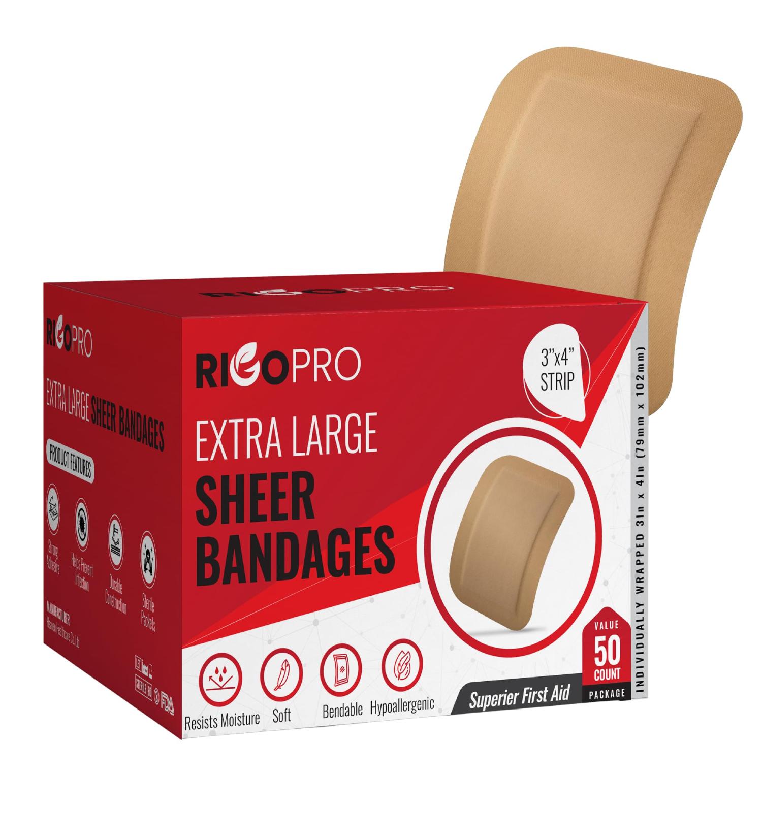 Sheer Bandages 3 x4 - Sterile Latex-Free Large Band Aids for Wounds | 50 Count - Comfortable Moisture-Wicking Adhesive Dressings - Buy Online on GoSupps.com