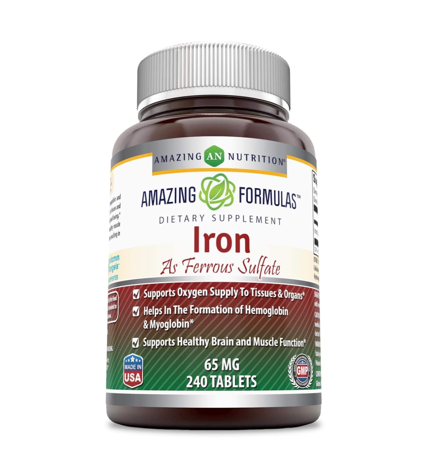 Amazing Nutrition Iron 65 mg - Ferrous Sulfate - 240 Tablets for Energy & Wellness - Buy Online on GoSupps.com