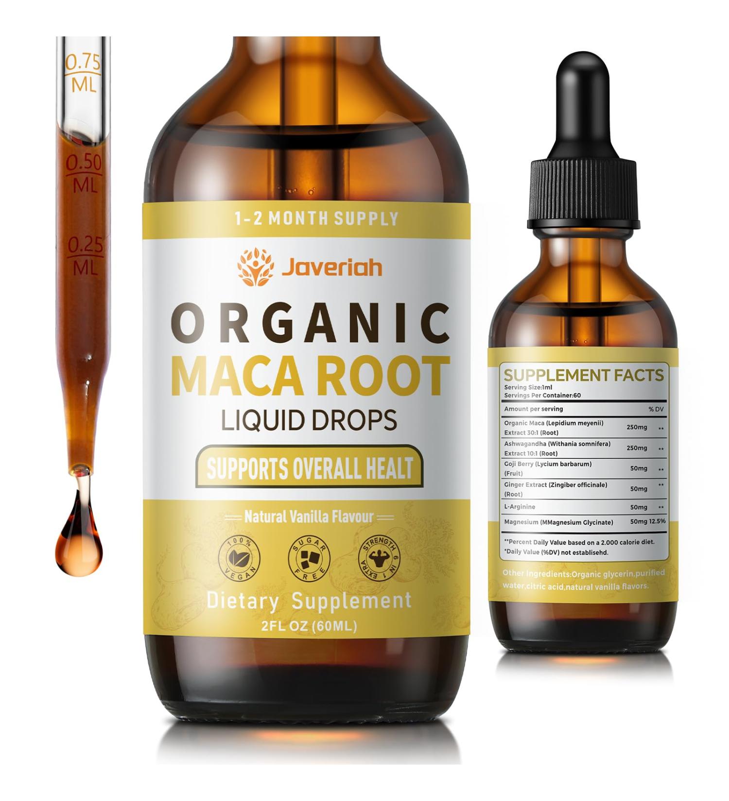 Javeriah Organic Maca Root Liquid Drops with Ashwagandha,Goji Berry,Ginger,Magnesium and L-Arginine for Women and Men,Ashwagandha Maca Root Supplements Tincture 2 Fl Oz - Buy Online on GoSupps.com
