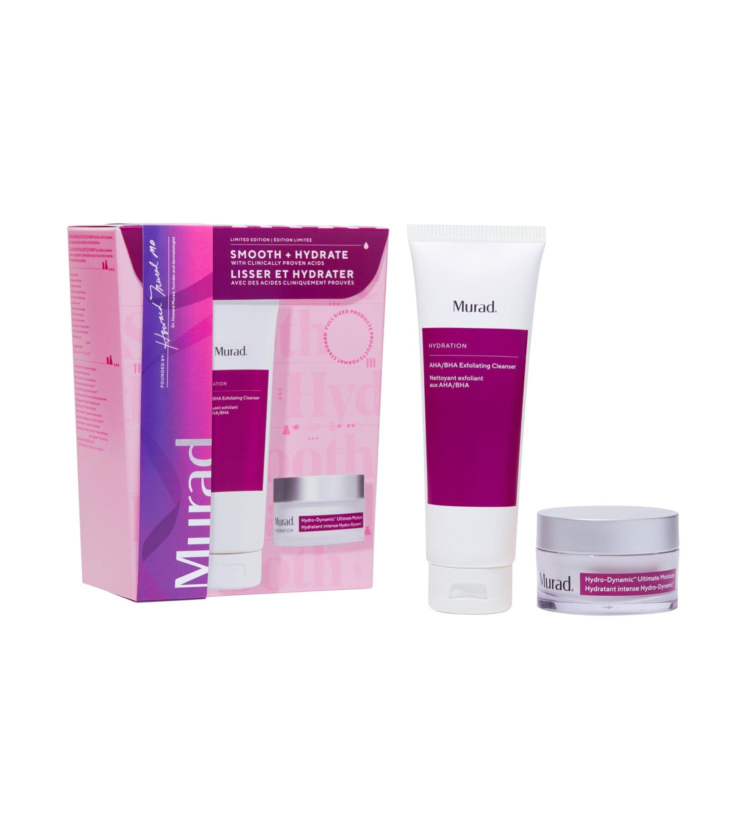 Murad Smooth + Hydrate - 2-Piece Full-Sized Set ($122 Value) - Exfoliatng Acids to Polish Dull Skin and Deliver Critical Hydration - AHA/BHA Cleanser 5.0Fl Oz Hydro-Dynamic Moisture 1.7Fl Oz - Buy Online on GoSupps.com