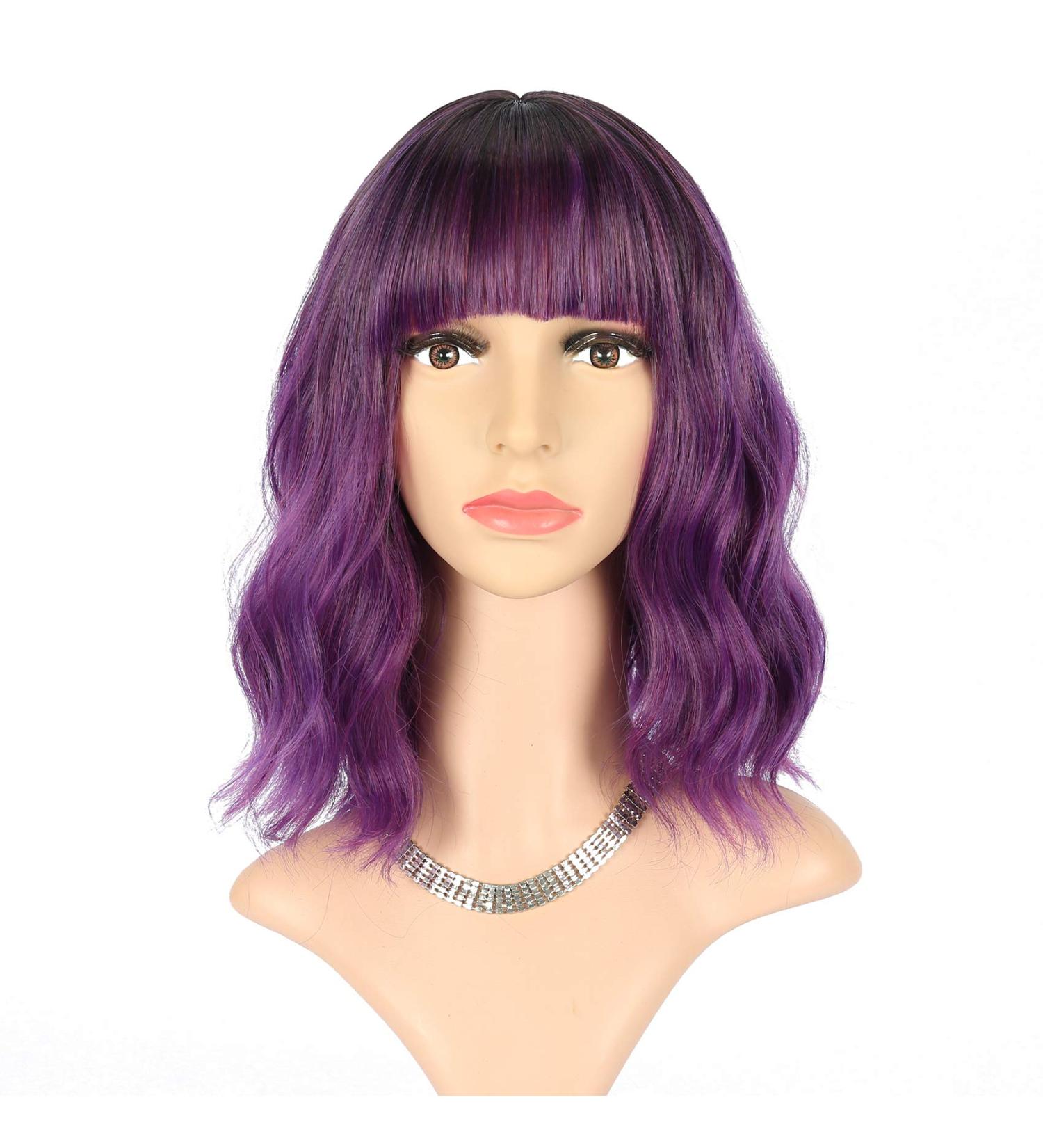 FAELBATY Short Purple Bob Wig with Bangs | Ombre Dark Purple Synthetic Cosplay Wig for Women - Buy Online on GoSupps.com