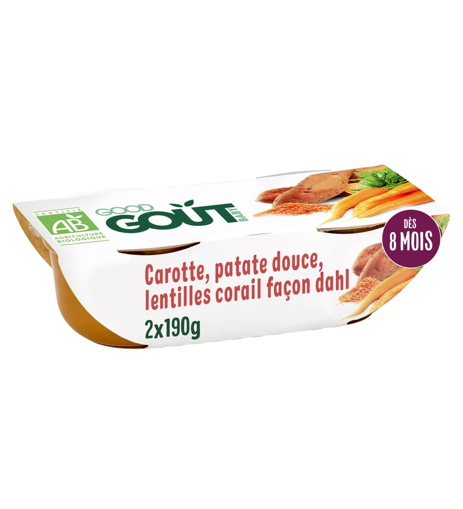 GOOD GO T - Carottes Patates Douces Lentilles Corail Fa on Dahl - Plat Cuisin Pour B b - D s 8 Mois - Pur e Moulin e - Fabriqu En France - Bols Micro-Ondables - 2x190g Dahl lentilles corail 190 g (Lot de 2) - Buy Online on GoSupps.com