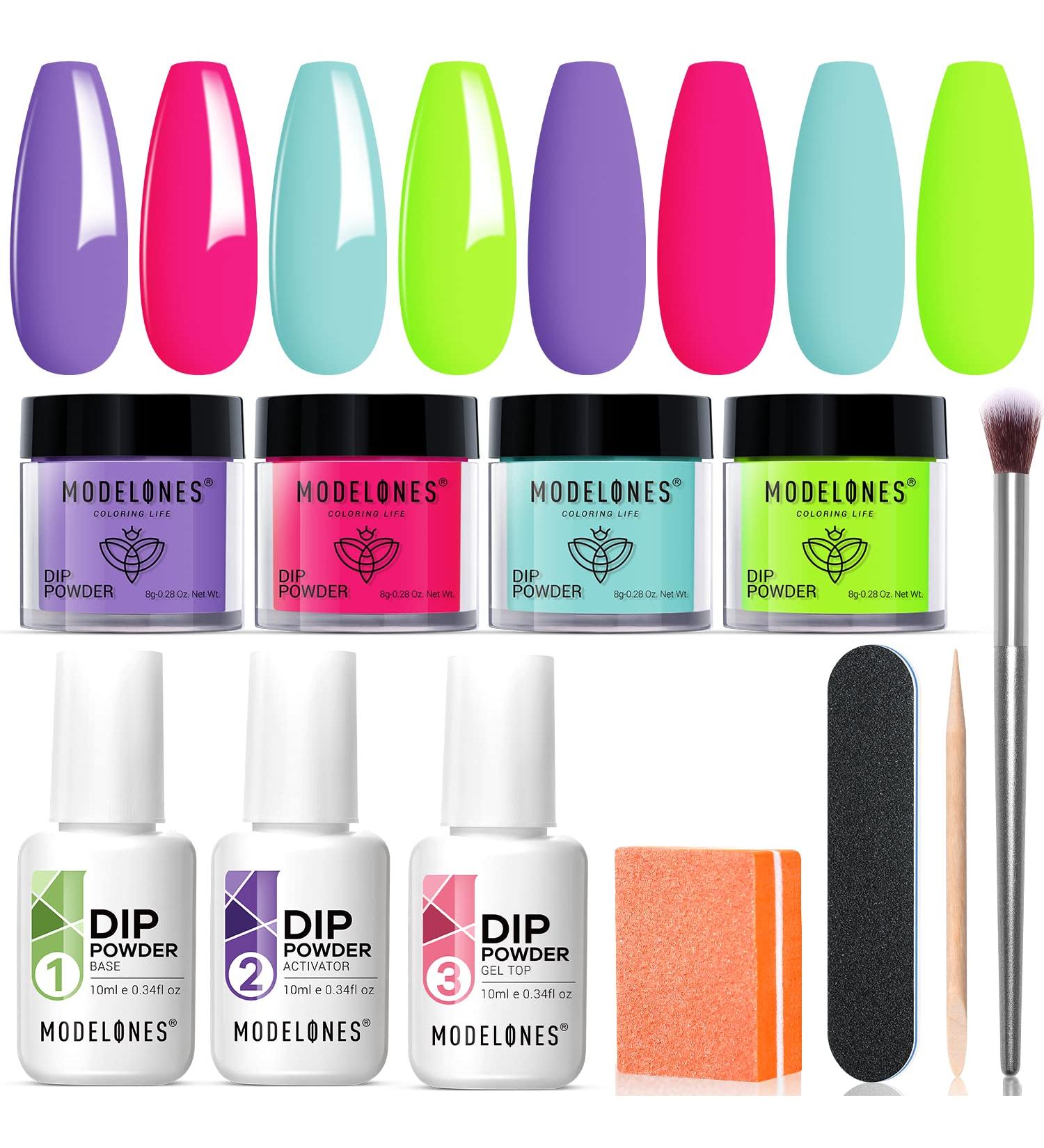 Modelones 11 Pcs Dip Powder Nail Kit - Hot Pink, Purple, Mint Green & Fluorescent Green | Acrylic Dipping Powder System with Essential Liquid Set - French Nail Art Manicure DIY Salon Essentials - Buy Online on GoSupps.com