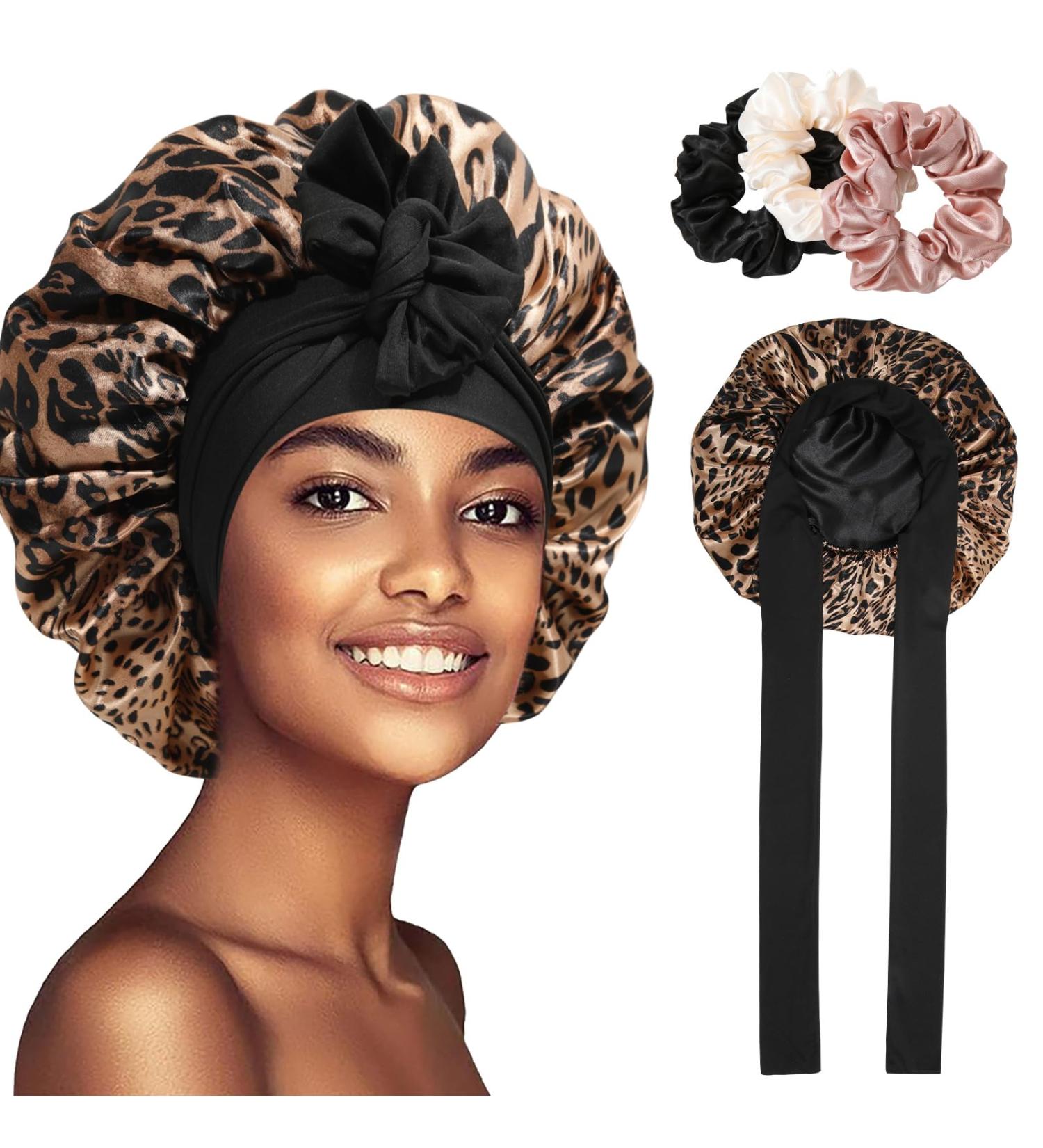 Welrog Silk Sleeping Hood for Women - Night Hair Bonnet with Leopard Pattern & 3 Hair Ties - Perfect Sleep Cap for Healthy Hair - Buy Online on GoSupps.com
