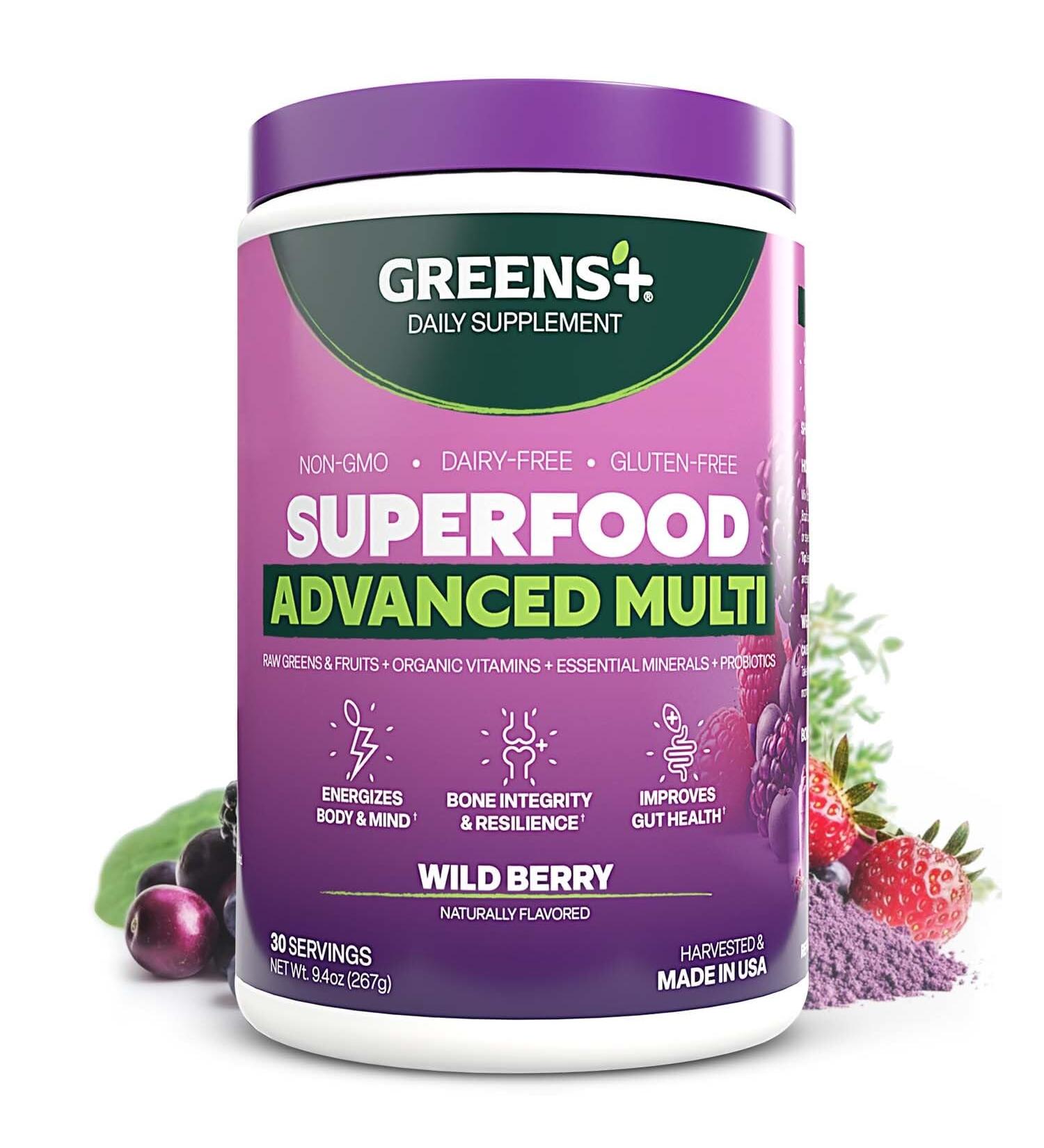 Greens+ Advanced Multi Wild Berry Superfood Powder Organic Blend Vegan Non-GMO Soy-Free Dairy-Free Gluten-Free Dietary Supplement with Vitamins & Minerals 9.4 oz - Buy Online on GoSupps.com