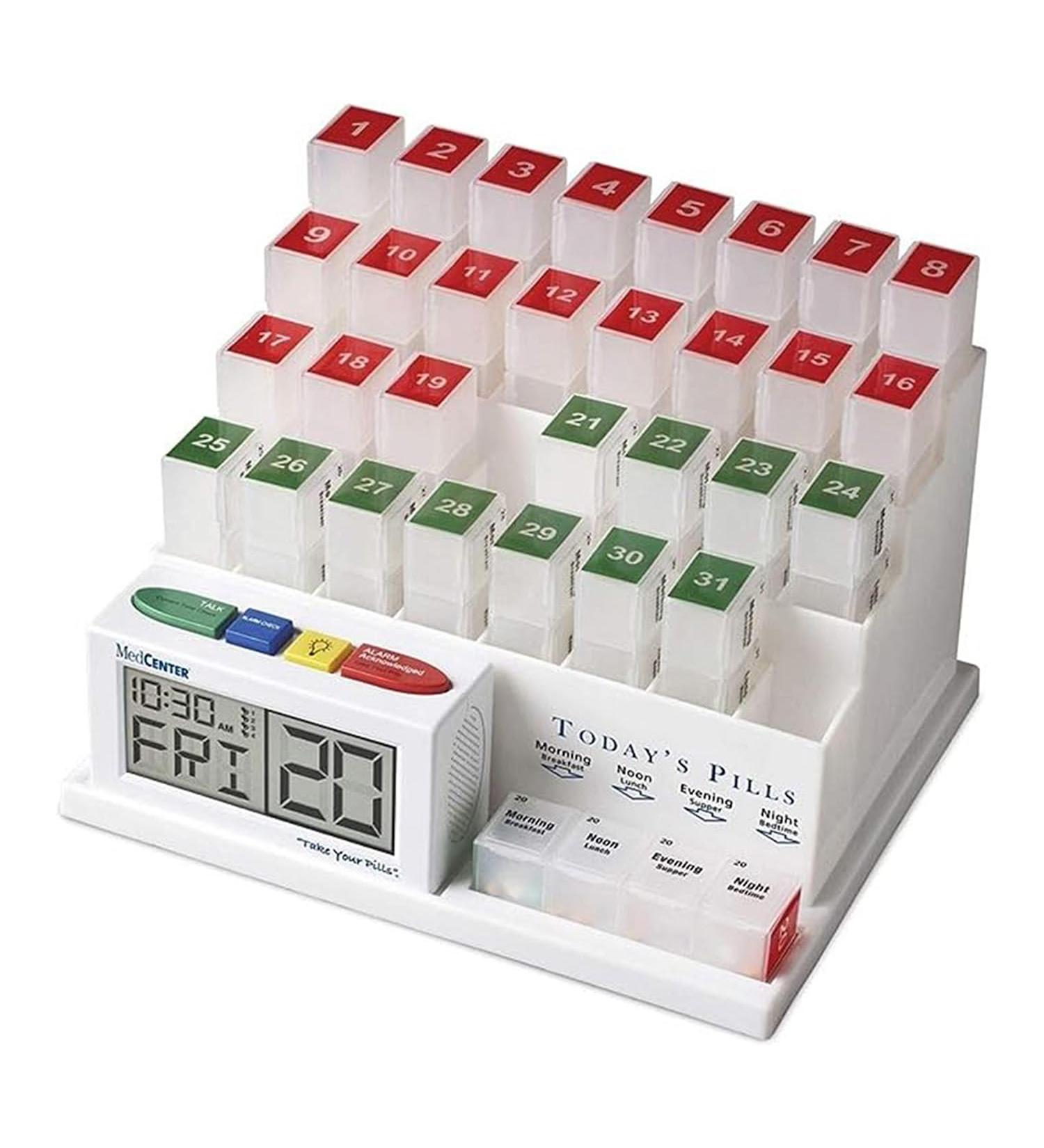 Monthly Pill Organizer System - 31 Day Pill Box with 4 Daily Compartments & Talking Alarm Clock for Medications Vitamins and Supplements - Buy Online on GoSupps.com