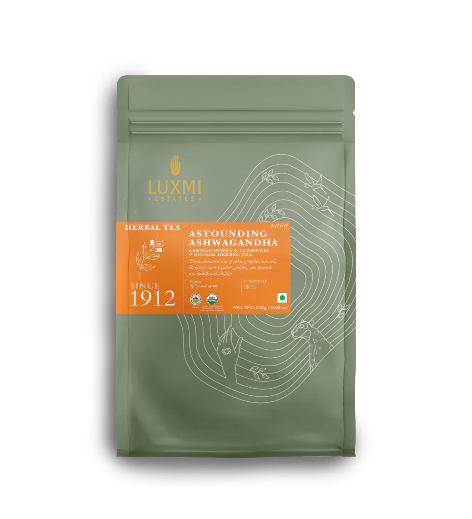 Luxmi Estates Astounding Ashwagandha Root Loose Tea 250g Pack Certified USDA Organic Herbal Tea for Stress Support with Turmeric Ginger Lemongrass and More 500 cups ashwagandha turmeric tea 250 Gm - Buy Online on GoSupps.com