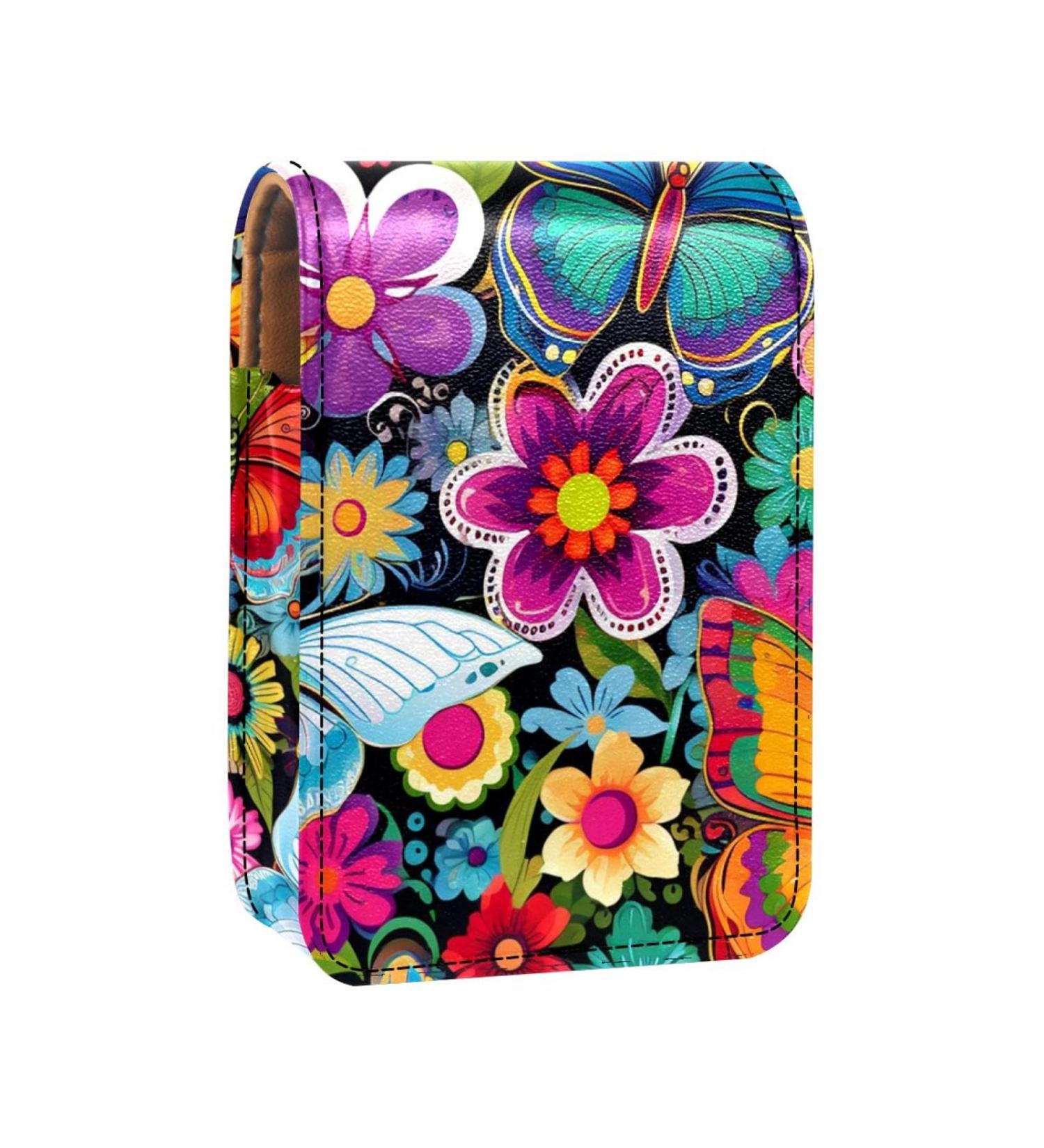 Travel Lipstick Organizer Case | Portable Makeup Bag with Mirror | Colorful Butterflies & Flowers Design - Buy Online on GoSupps.com
