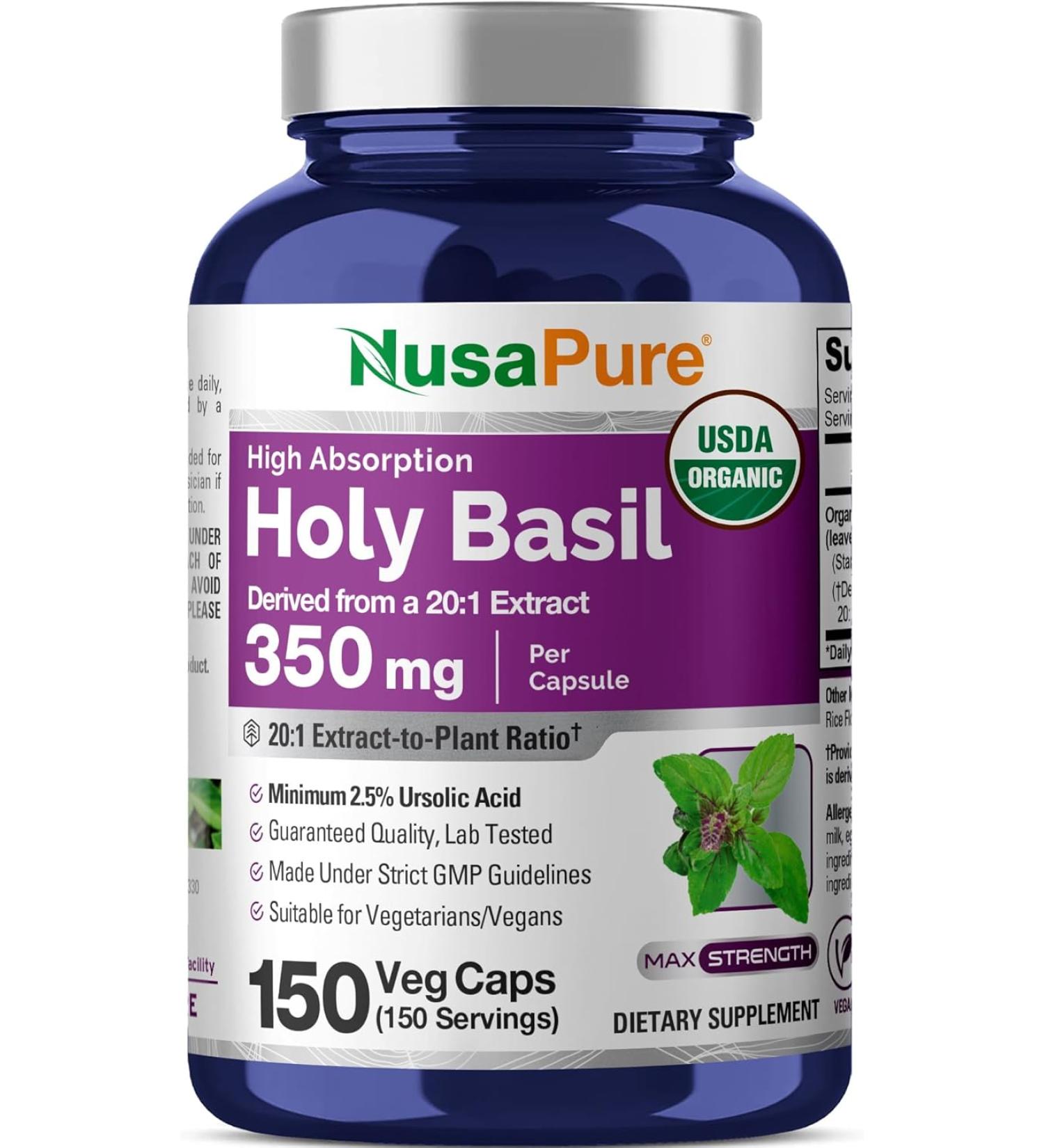 NusaPure USDA Organic Holy Basil Capsules 20:1 Extract 350 mg Equivalent to 7 000mg | 150 Vegan Caps | Tulsi Holy Basil Leaf Extract | 2.5% Ursolic Acid | Non-GMO 150 Count (Pack of 1) - Buy Online on GoSupps.com
