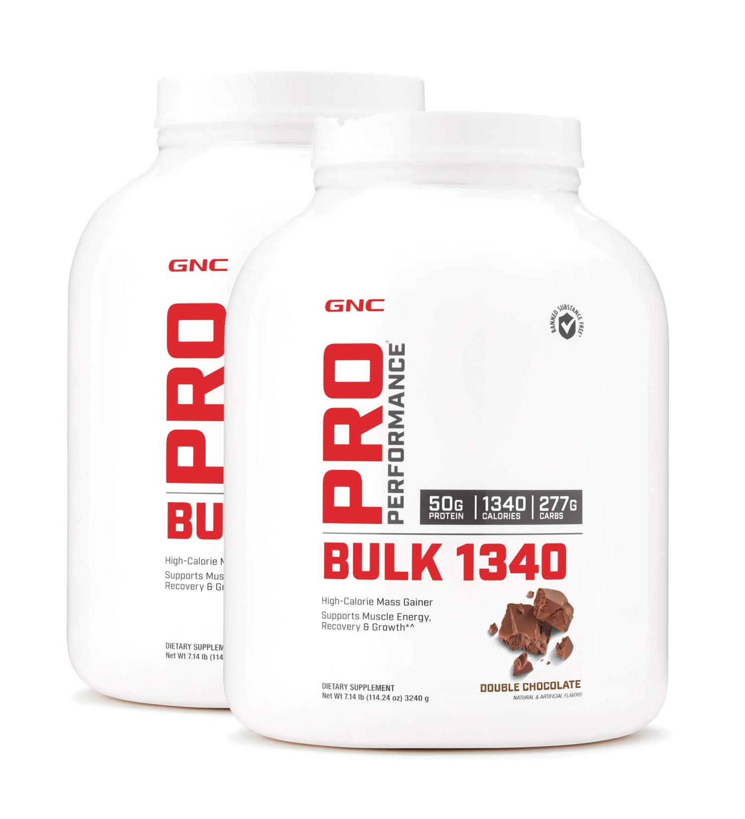 GNC Pro Performance Bulk 1340 - Double Chocolate Twin Pack | Supports Muscle Energy, Recovery, and Growth | 18 Servings (9 per Bottle) - Pack of 2 - Buy Online on GoSupps.com