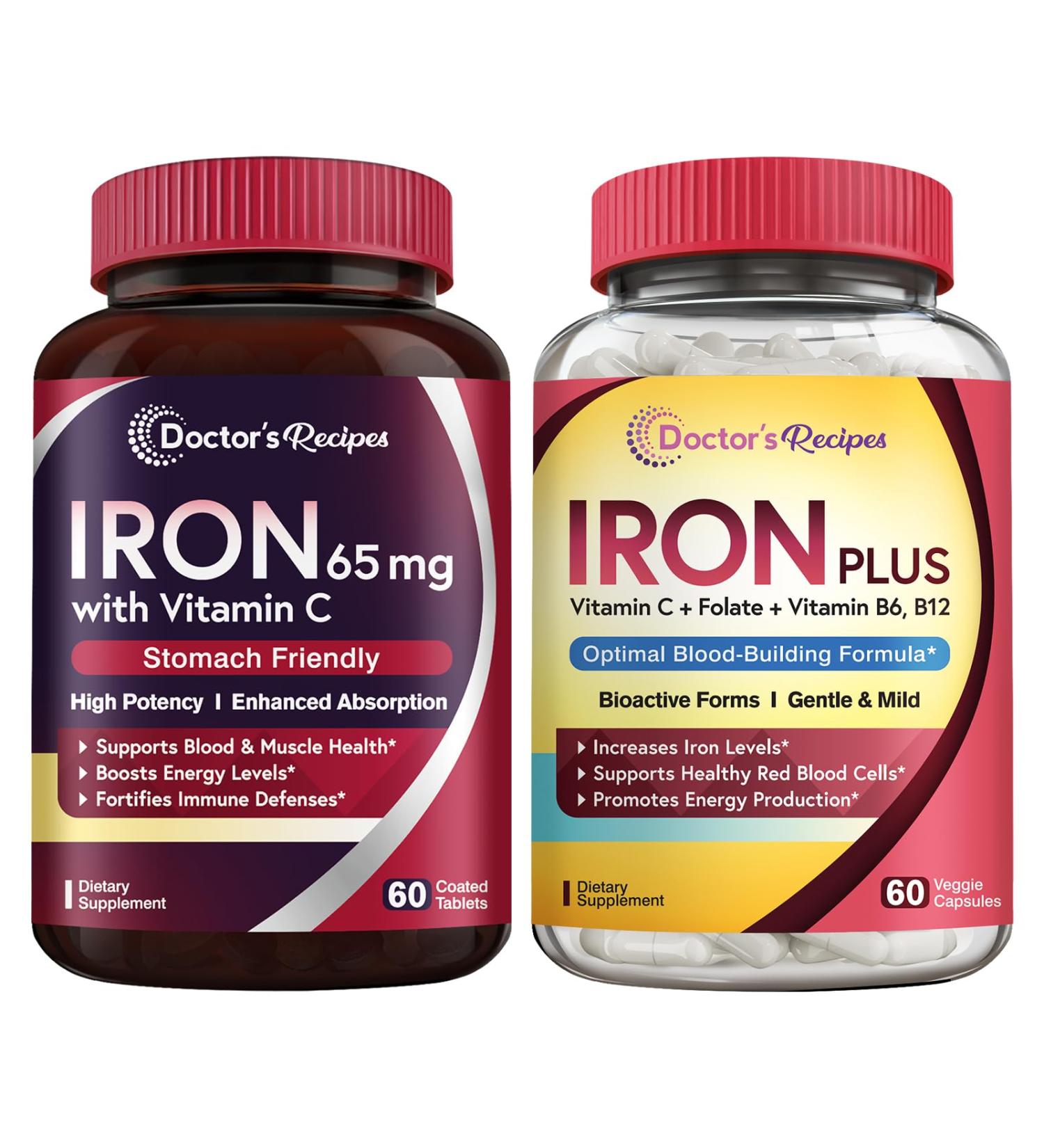 Doctor's Recipes Iron 65 mg & Iron Plus Bundle Healthy Iron Levels & Blood Support Iron Tablets 60 ct & Iron Capsules 60 ct - Buy Online on GoSupps.com