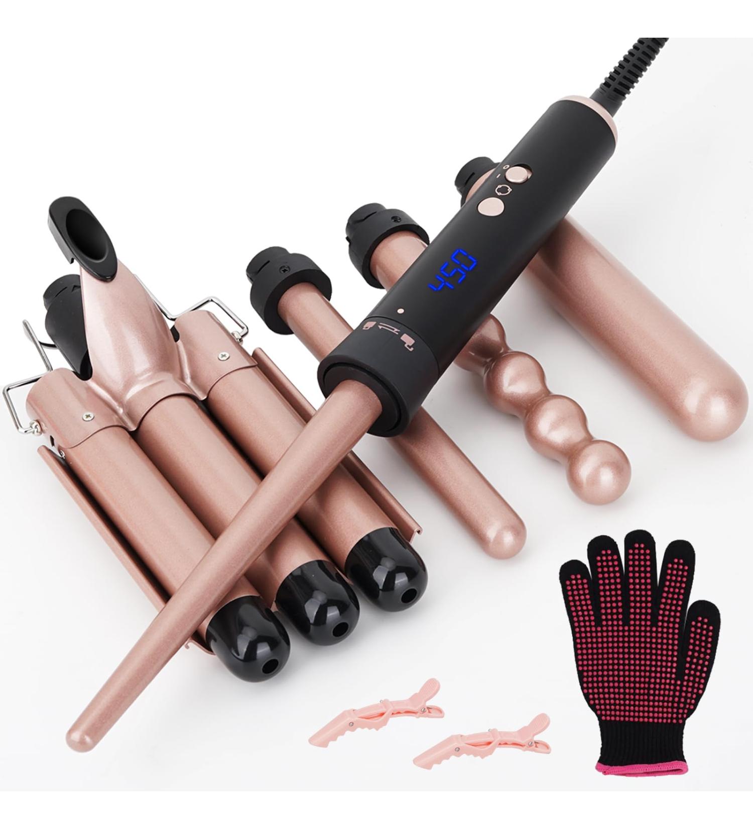 5-in-1 Curling Iron Set - LCD Digital Display Temp Control 3 Barrel & 4 Interchangeable Ceramic Wands for All Hair Types - Includes Glove & 2 Clips - Buy Online on GoSupps.com