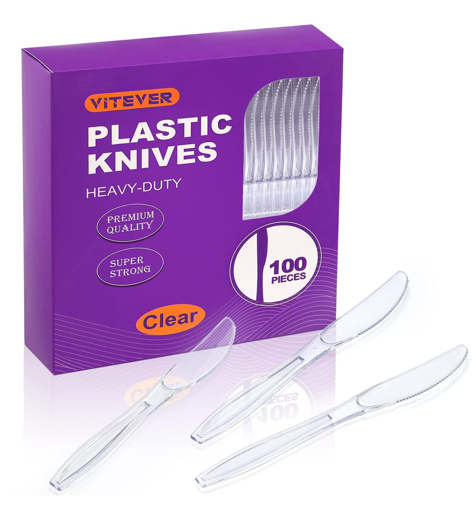 VITEVER 100 Count Heavy Duty Plastic Knives - Premium Disposable Cutlery for Parties, Picnics, and Events - Heat Resistant, BPA Free - Clear - Buy Online on GoSupps.com