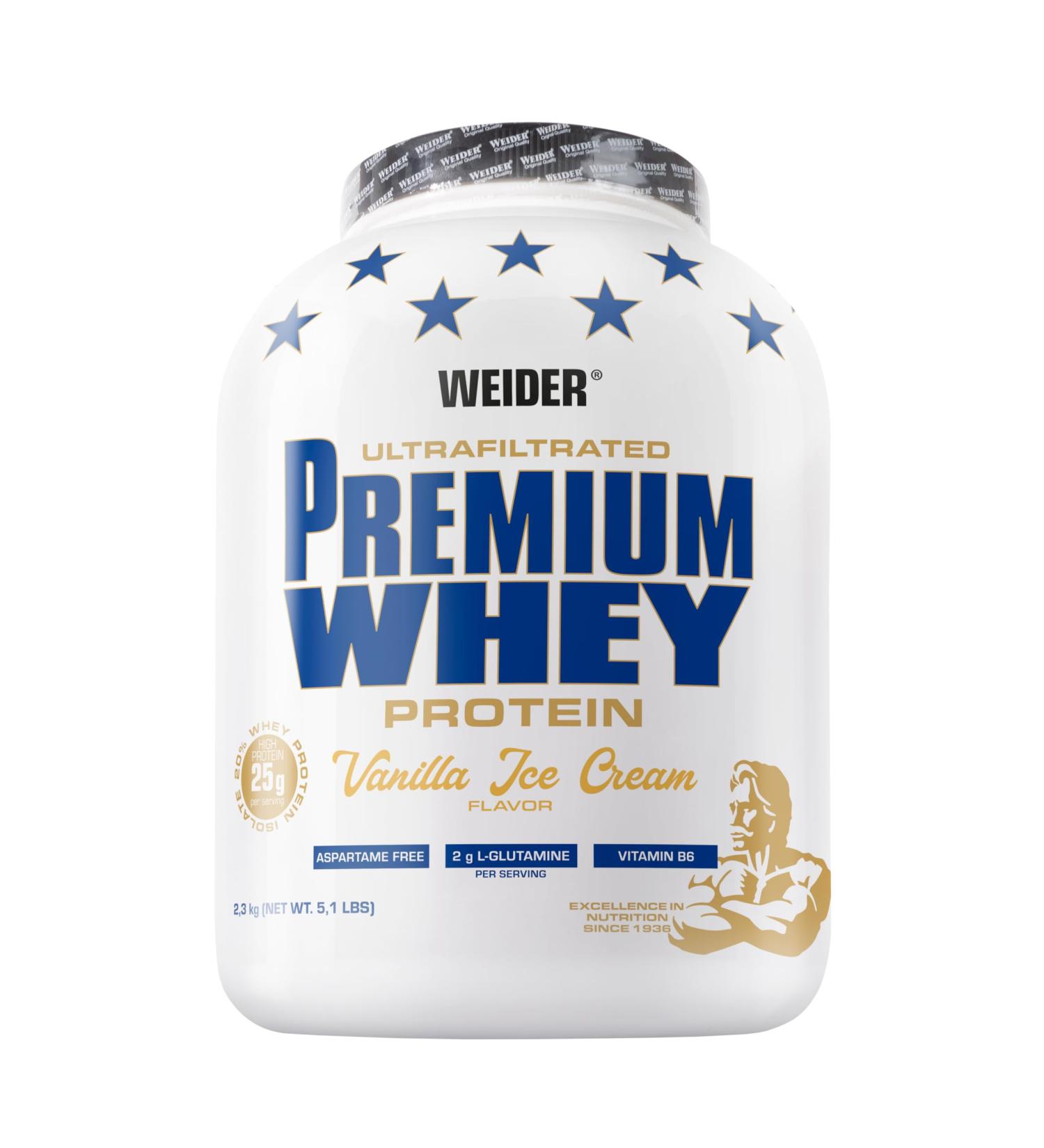 Weider Premium Whey Protein Pulver unversch mt leckeres Eiweißpulver mit Whey Isolat f r Muskelaufbau mit hem Anteil an EAA BCAA und free L-Glutamin perfect L slichkeit Vanilla Ice-Cream 500g - Buy Online on GoSupps.com