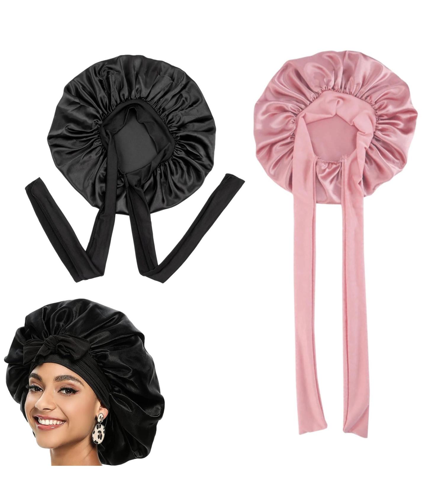 2Pcs Silk Satin Bonnet Hair Wrap Set for Sleeping - Tie Band for Women, Long Curly Hair Cap for Washing & Makeup - Perfect Silk Bonnet Sleep Cap for Curly Hair - Buy Online on GoSupps.com
