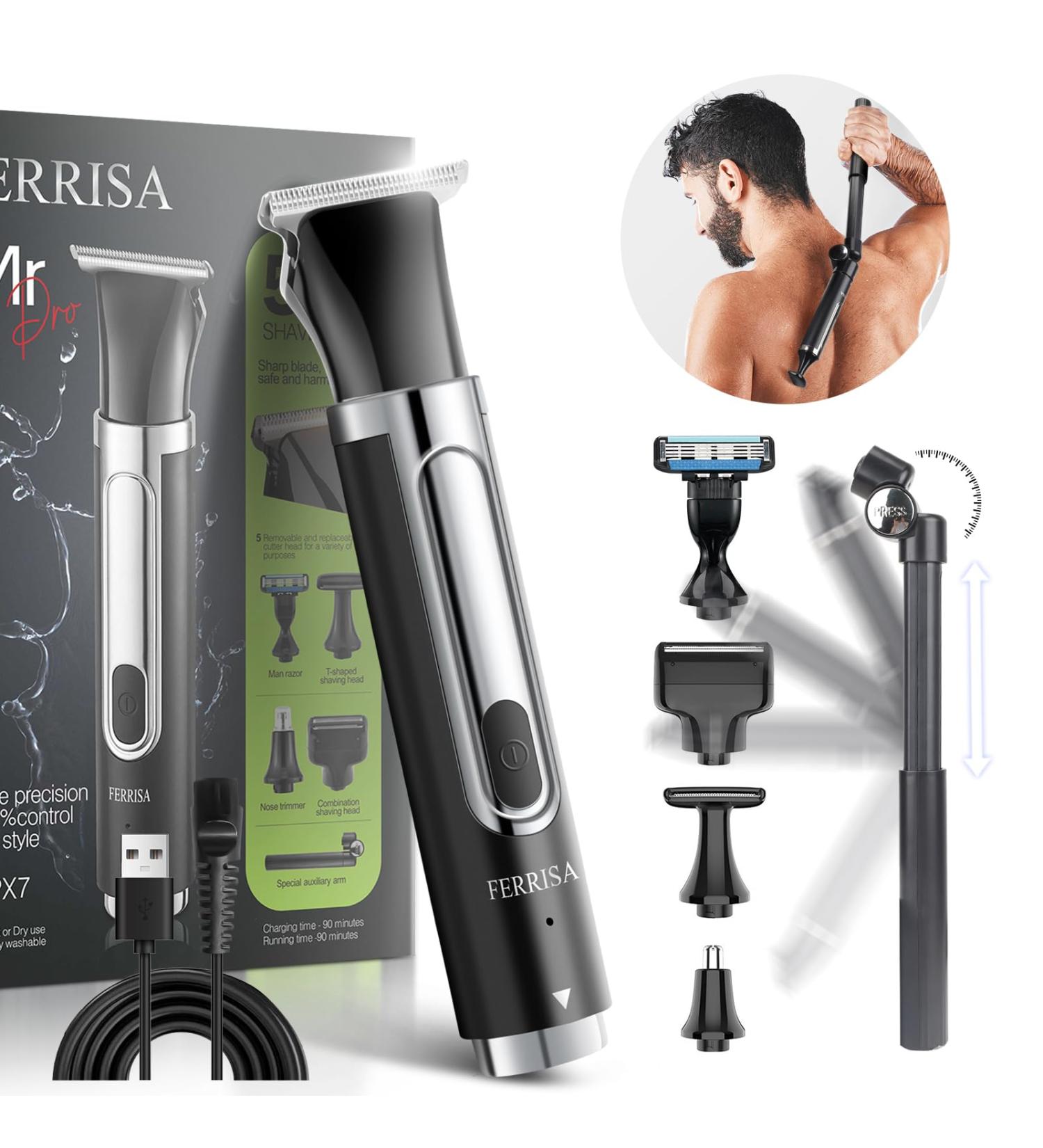 FERRISA Back Shaver for Men - 5-in-1 Electric Long Handle Body Hair Trimmer for Wet/Dry Shaving - Travel Lock & Detachable Design - Buy Online on GoSupps.com