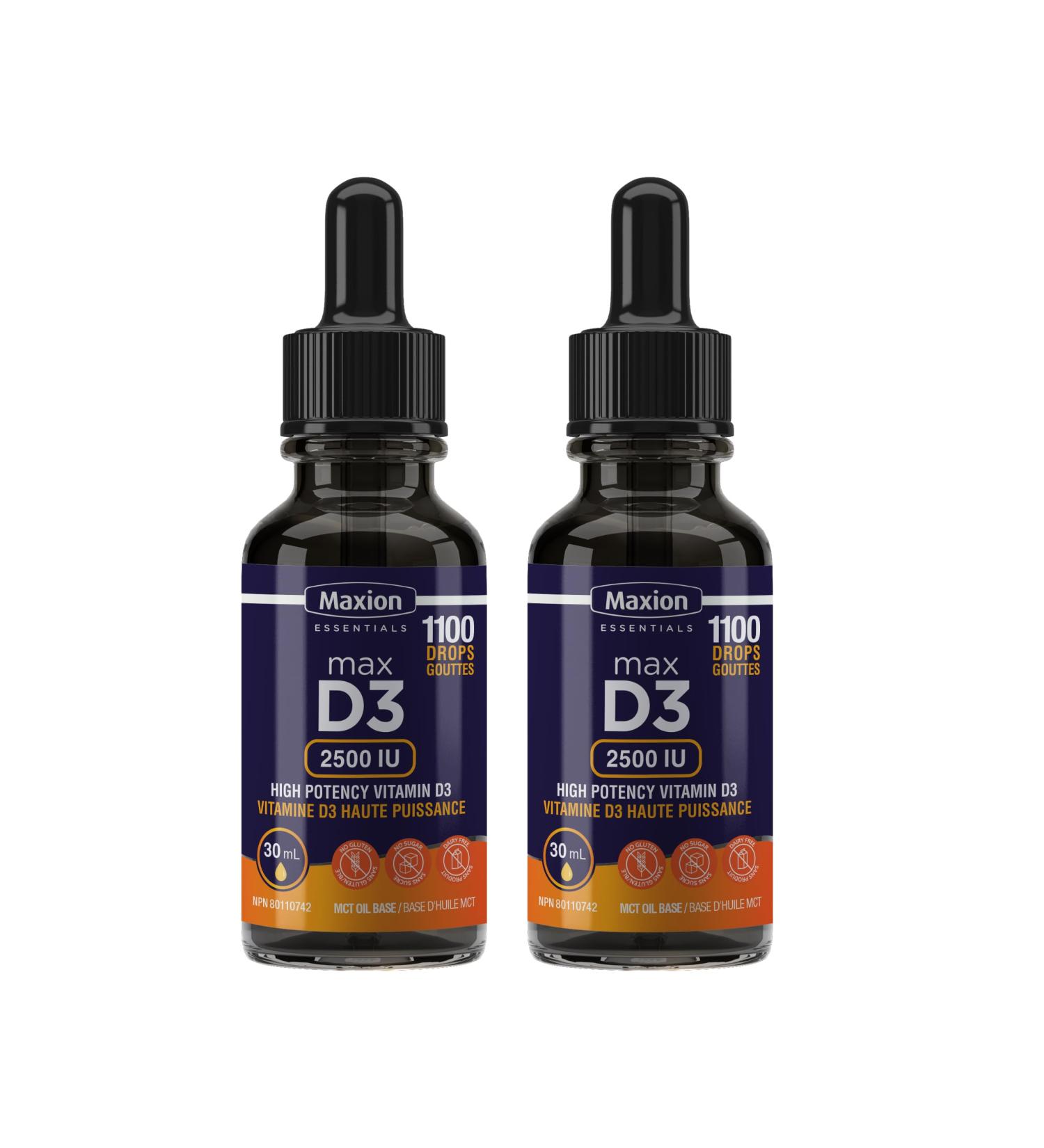 Maxion 2 Pack Vitamin D3 Liquid Drops 2500 IU 1100 Drops Helps with the Development of Bones and Teeth and to Support the Immune System No Preservatives Non-GMO Allergy-friendly 30 mL - Buy Online on GoSupps.com