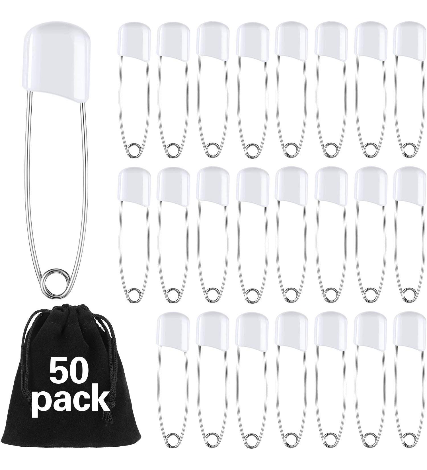 50 Piece Baby Safety Pins with Locking Closures - White Cloth Diaper Pins with Velvet Bag - Buy Online on GoSupps.com