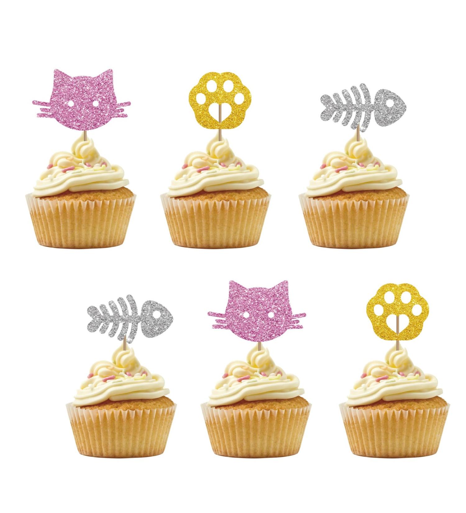 Set of 24 Cat Cupcake Toppers Pink&Gold Glitter Kitten Cupcake Picks Pet Kitty Birthday Cake Decorations Girl's Birthday/Cat Theme Baby Shower Party Supplies - Buy Online on GoSupps.com