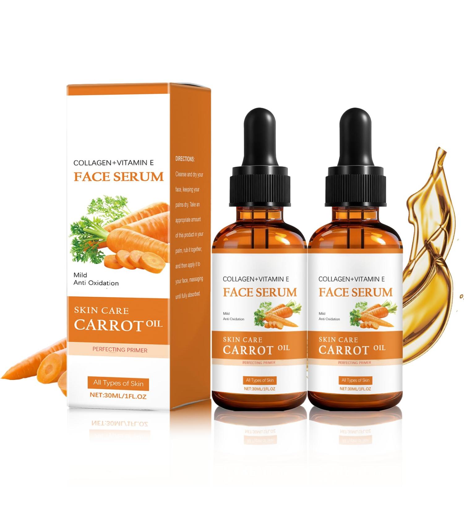 Carrot Seed & Collagen Facial Serum with Vitamin E | Anti-Wrinkle Even Toning Firming & Glow | Moisturizing Face & Hair Oil | 30ml 2-Pack - Buy Online on GoSupps.com