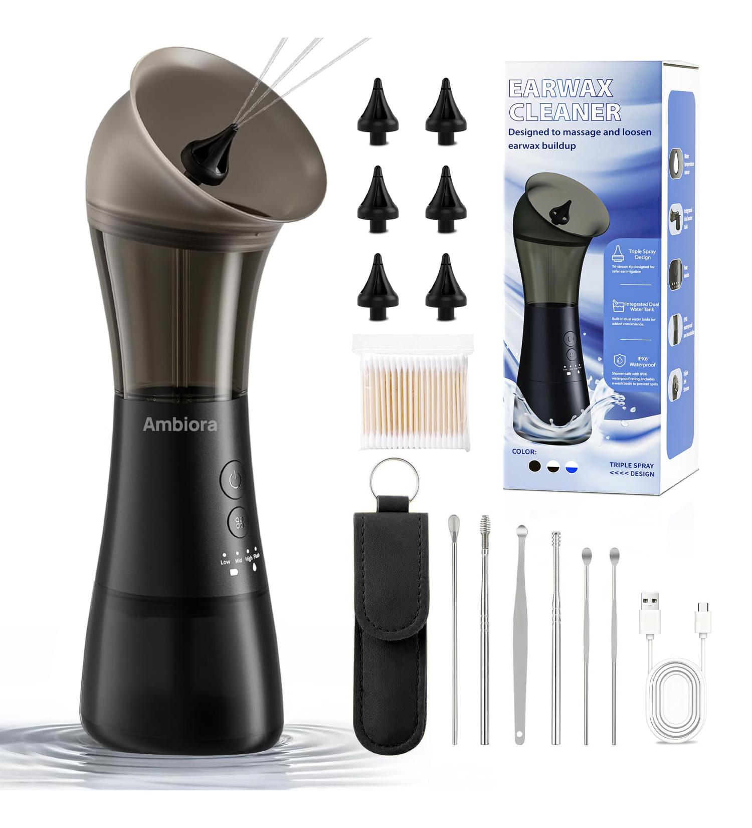 AMBIORA Ear Wax Removal with One-Piece Waste Tank, Ear Cleaner with Smart Temperature Sensor, Safe Silicone Edge, IPX7 & 6 Tips & 4 Modes, Christmas for Gifts for Dad Mom, Gifts for Men Women(Black) - Buy Online on GoSupps.com