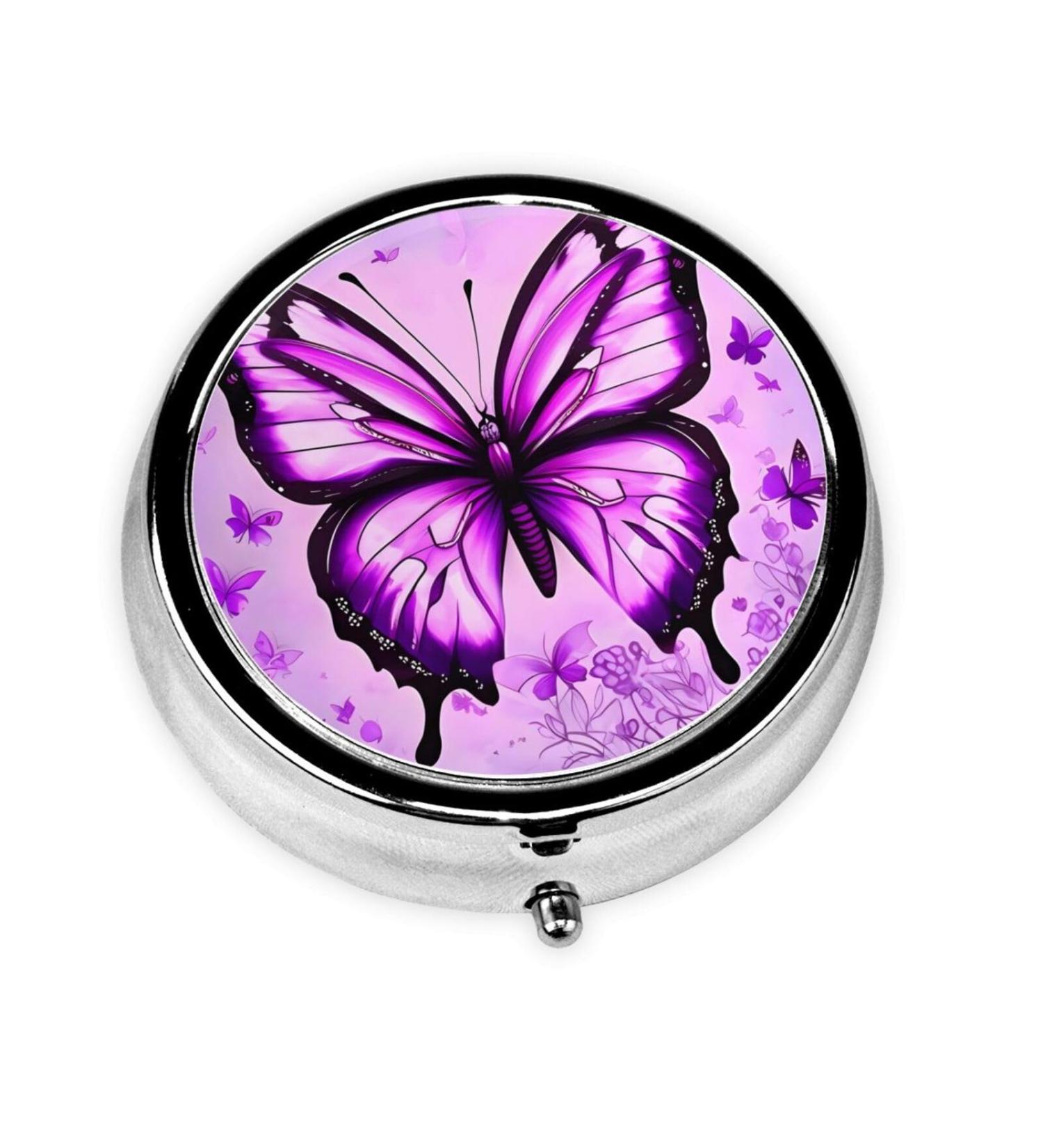 Purple Butterfly Round Pill Box | 3-Compartment Portable Travel Organizer for Purse & Pocket - Buy Online on GoSupps.com