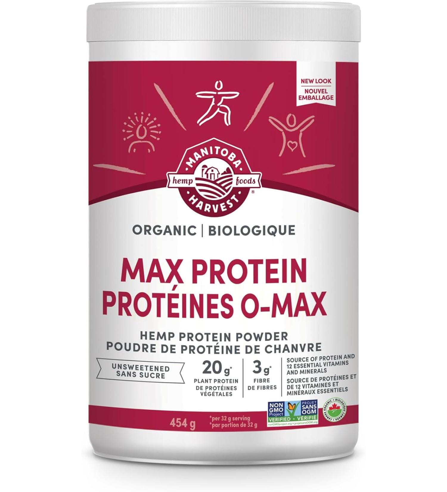 Manitoba Harvest Hemp Organic Max Protein Powder Unsweetened 454g with 20g protein and 4.5g Omegas 3/6 per Serving - Buy Online on GoSupps.com