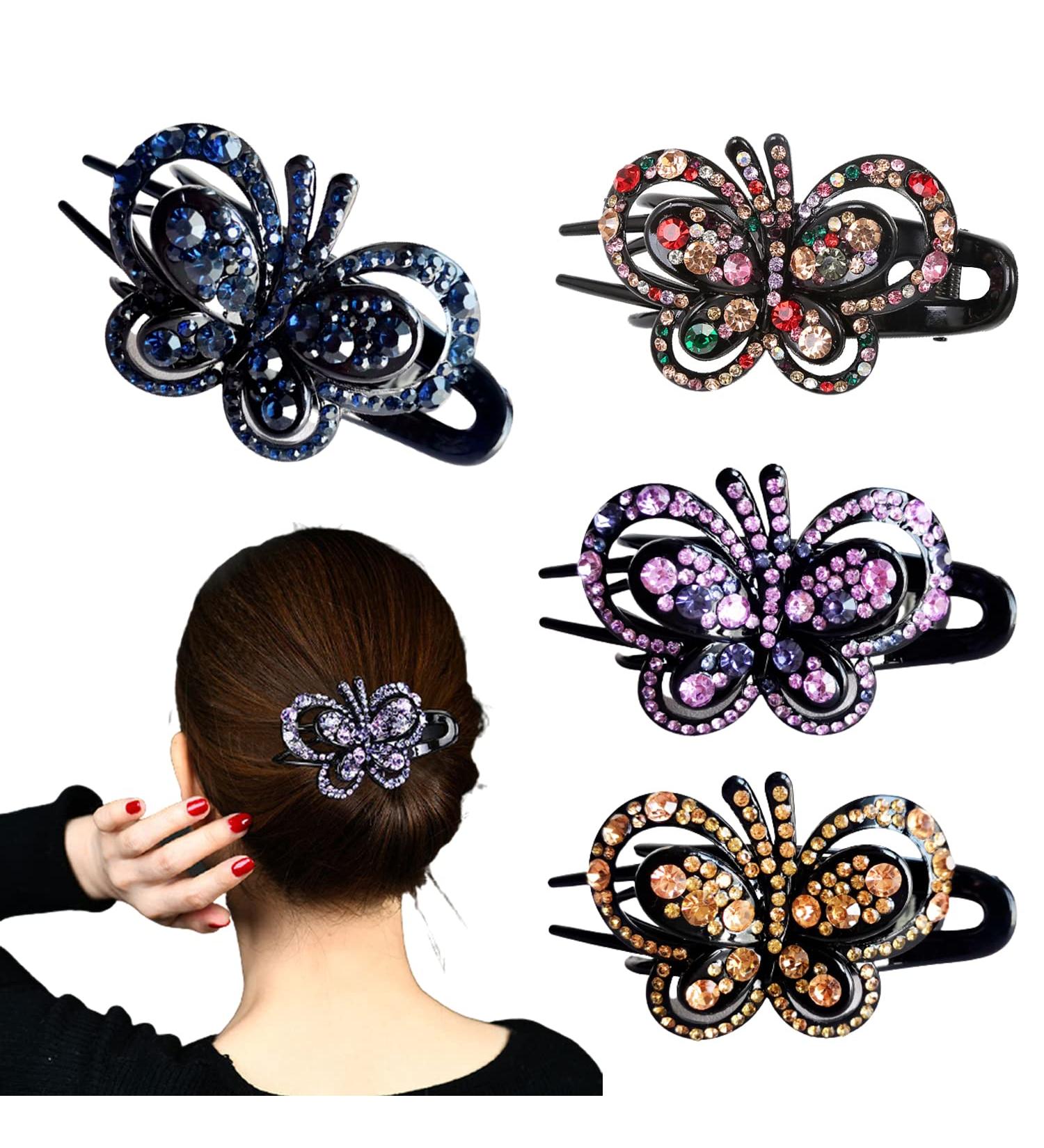 Yusier Butterfly Hair Clip Set 4 PCS Rhinestone Studded Flower Duckbill Ponytail Clips for Women - Buy Online on GoSupps.com