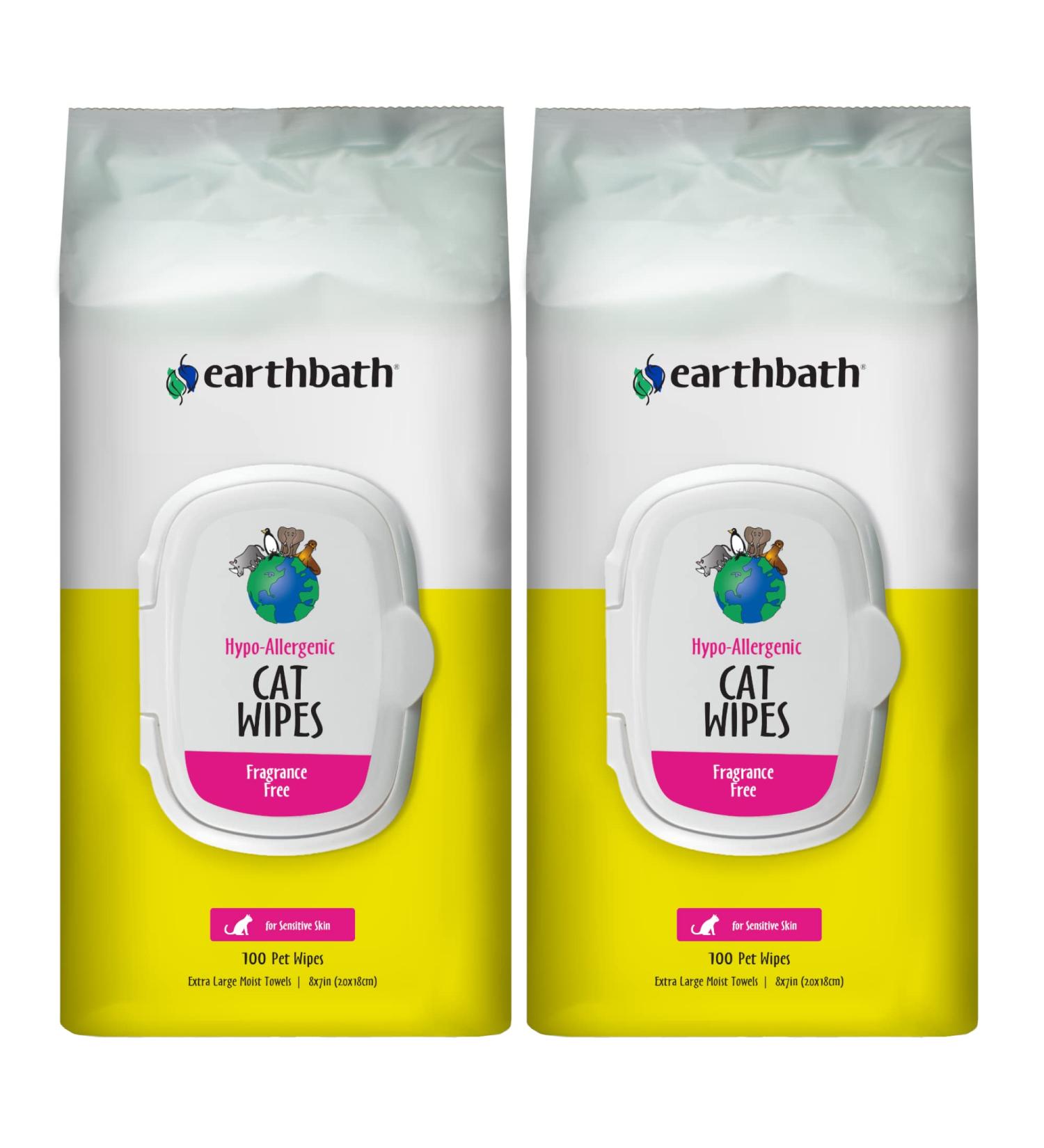 Earthbath Fragrance-Free Hypo-Allergenic Cat Wipes with Aloe Vera & Vitamin E - 100 Count (Pack of 2) | Gentle Cleaning for Sensitive Skin and Allergies - Buy Online on GoSupps.com