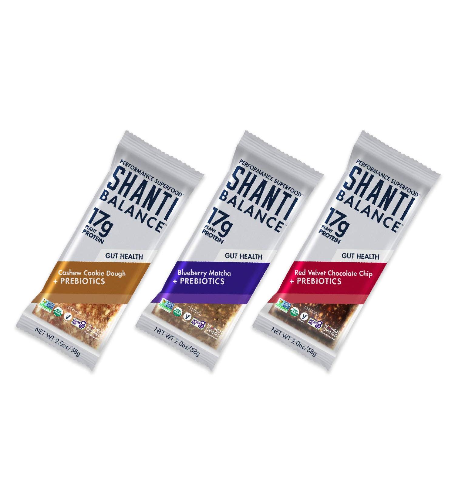 SHANTI BALANCE Variety Pack - 3 New Flavors, 17g Plant Protein, Organic & Gluten-Free Superfood Bars - Gut Health Prebiotics, No-Bloat Fiber - 12 Count, 2 oz Bars - Buy Online on GoSupps.com