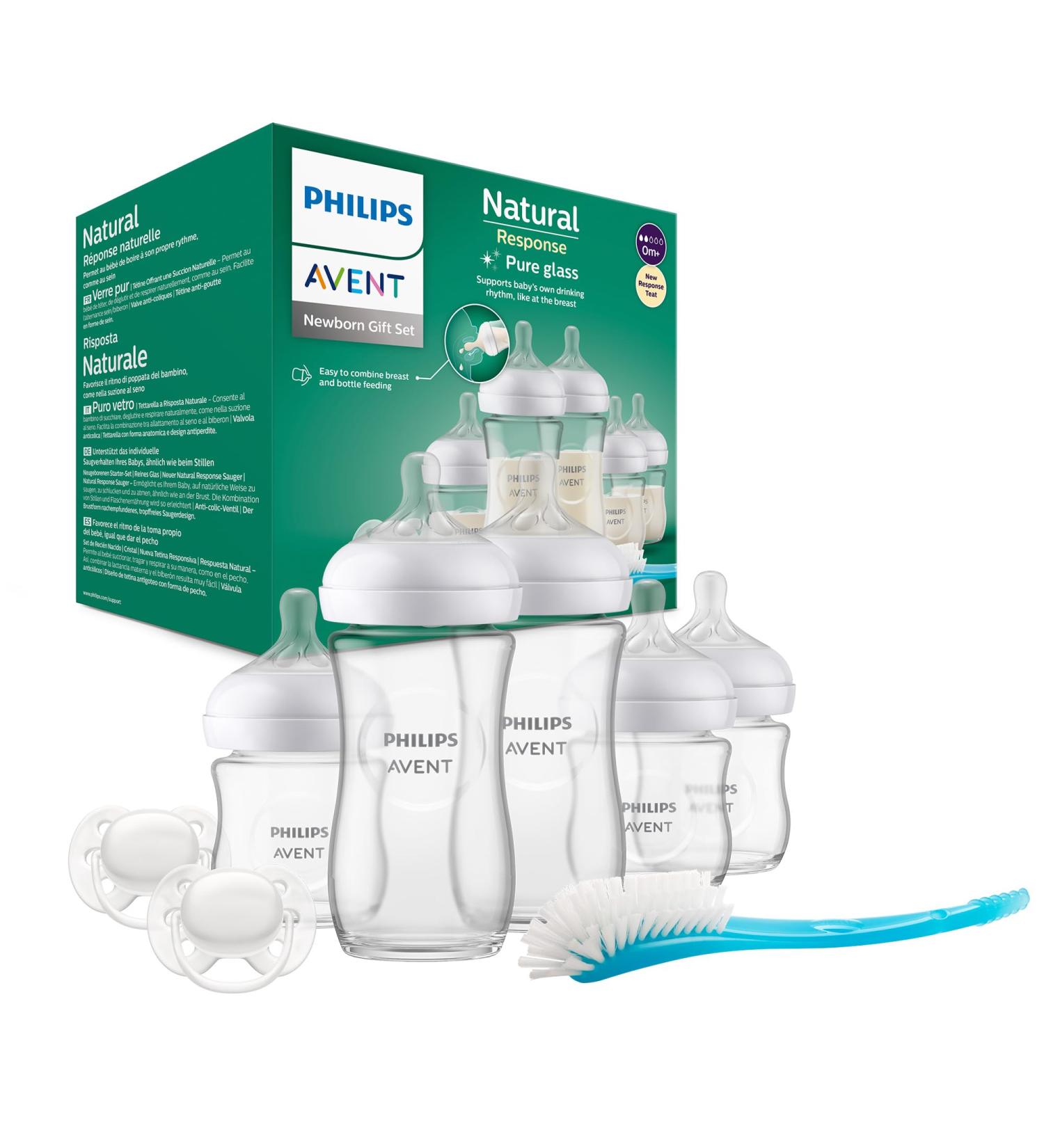 Philips Avent Natural Glass Newborn Gift Set - 5 Baby Bottles, 2 Soothers, Brush | BPA Free - SCD879/11 - Buy Online on GoSupps.com