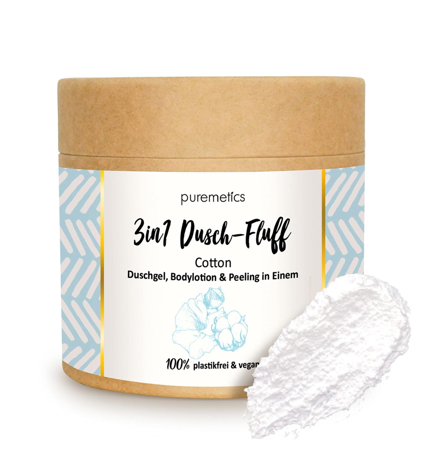 Puremetics 3-in-1 Shower Fluff Cotton: Vegan Sugar Peeling Gel & Lotion (250g) - Plastic-Free Skin Care - Buy Online on GoSupps.com