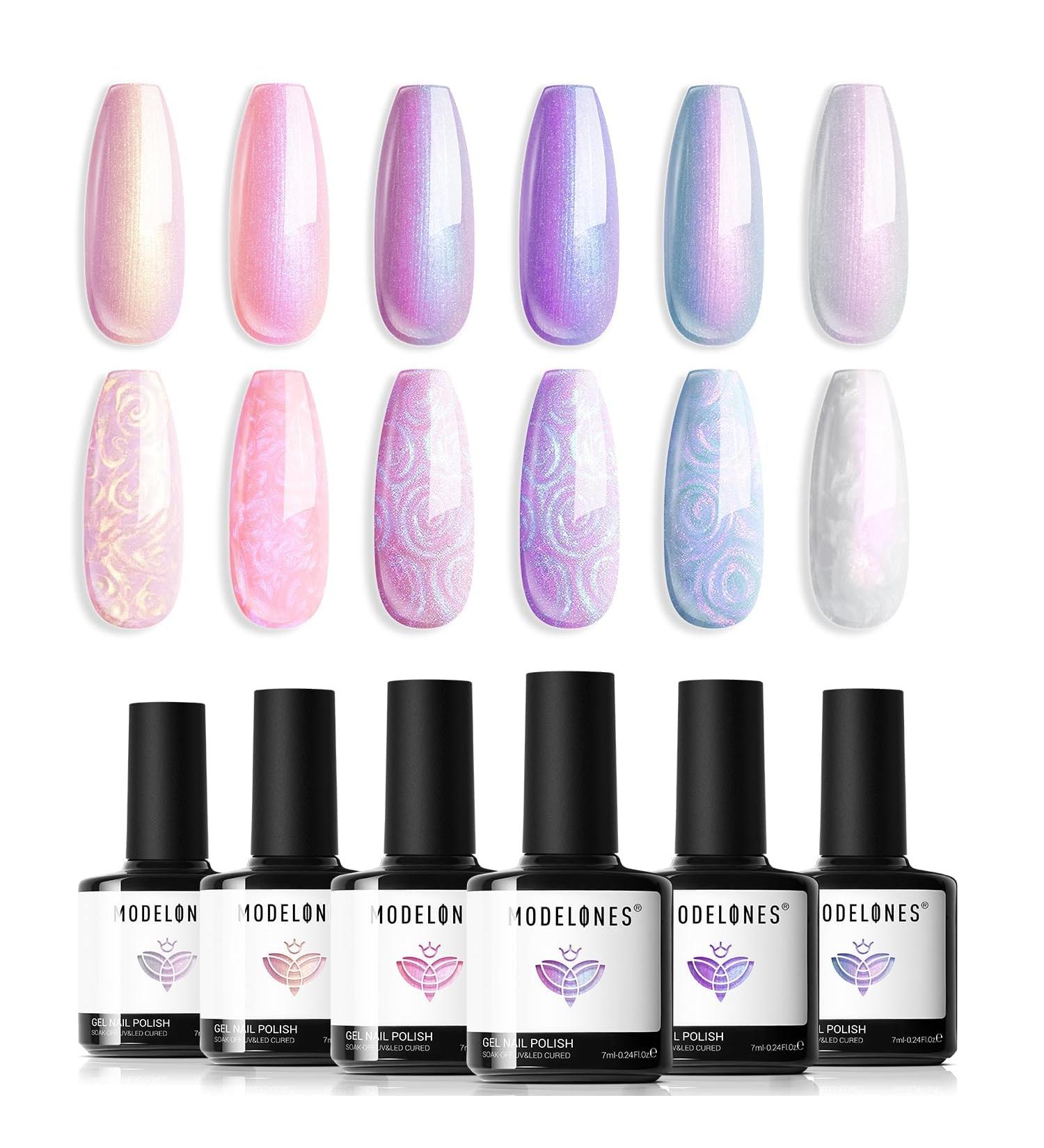 Modelones Gel Nail Polish 6 Colors Shimmer Pearl White Pink Purple Mermaid Nail Drawing Glitter Gel Polish Soak Off Led Summer Nail Gel Swirl Shell Thread Effect DIY Mani Gift with Dotting Pen Pearl Purple - Buy Online on GoSupps.com