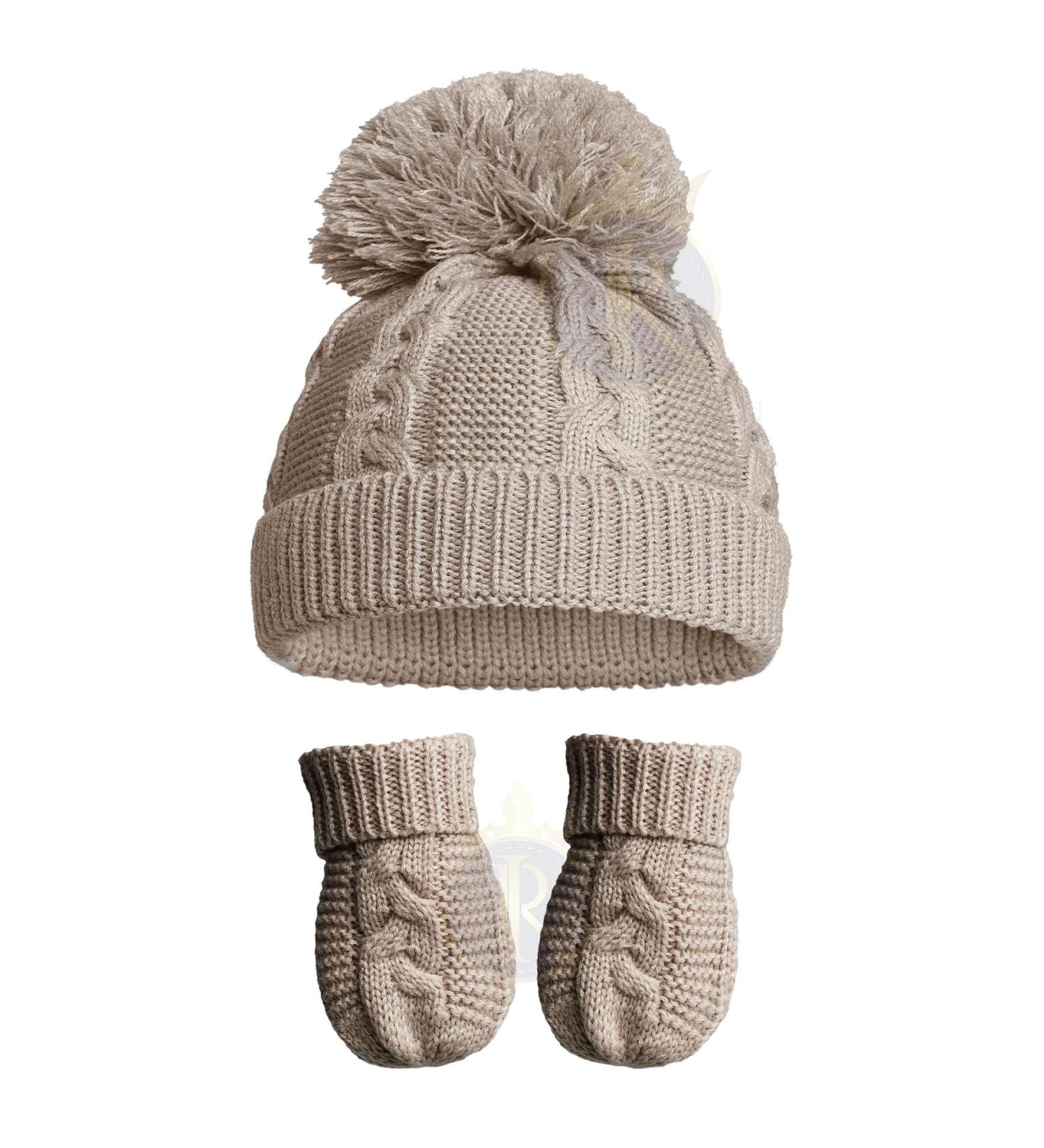 Royal Icon Baby Knitted Pom Pom Hat with Mittens Baby Boys Girls Winter Hat Mittens Set Cable Knit Single Pom Pom Bubble Hat Colours Available NB-12 Months RI6512 0-12 Months Coffee