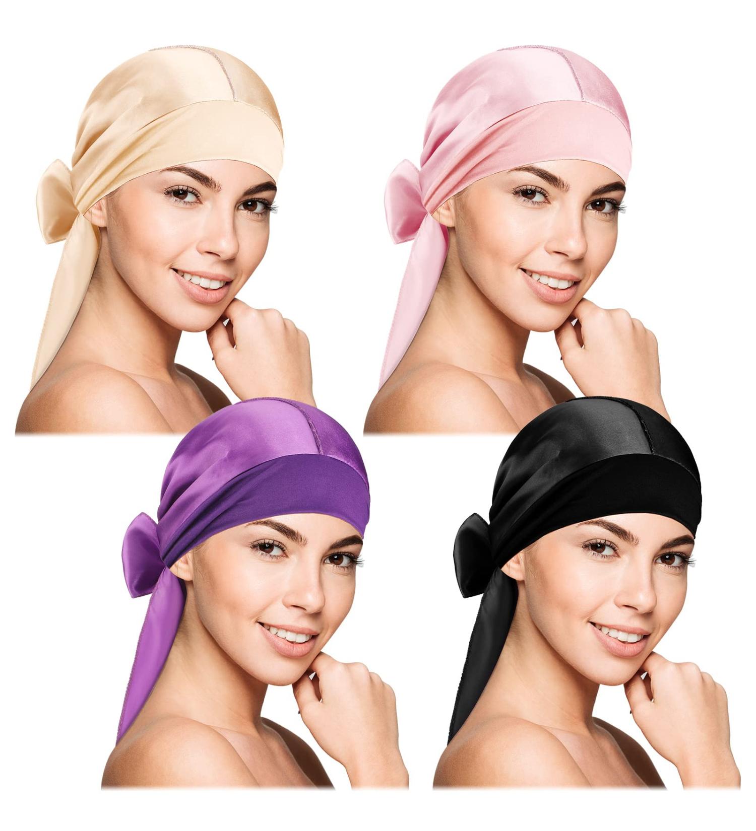 4-Piece Silk Hair Wrap Set for Sleeping - Satin Edge Scarf & Bonnet - Multicolor Silk Sleep Cap for Women & Girls - Buy Online on GoSupps.com