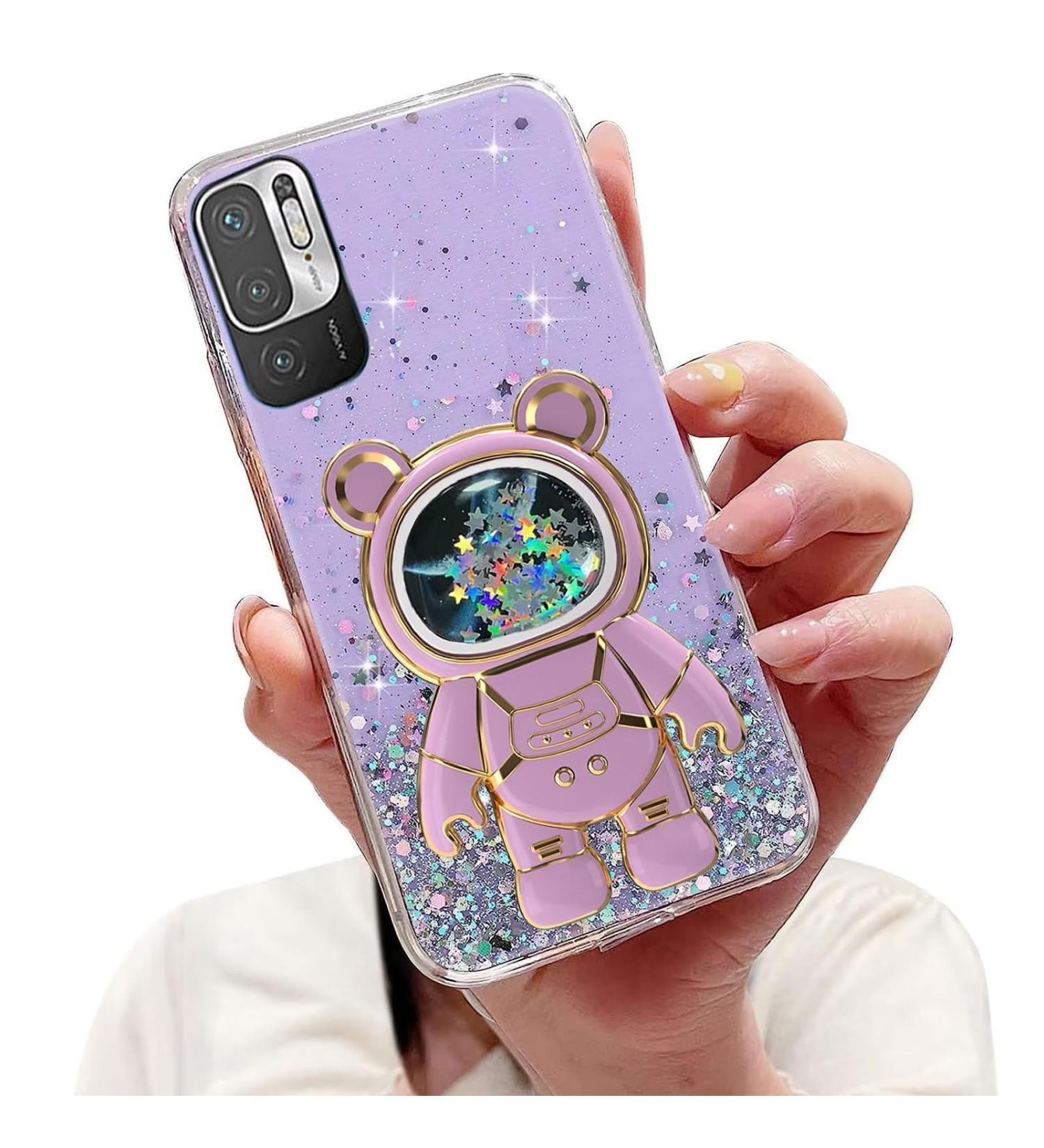 Tivenfezk Nadoli Astronaut Phone Case for Xiaomi Redmi Note 10 5G - Glitter Soft Silicone Shell with Hidden Stand - Purple Protective Cover - Buy Online on GoSupps.com