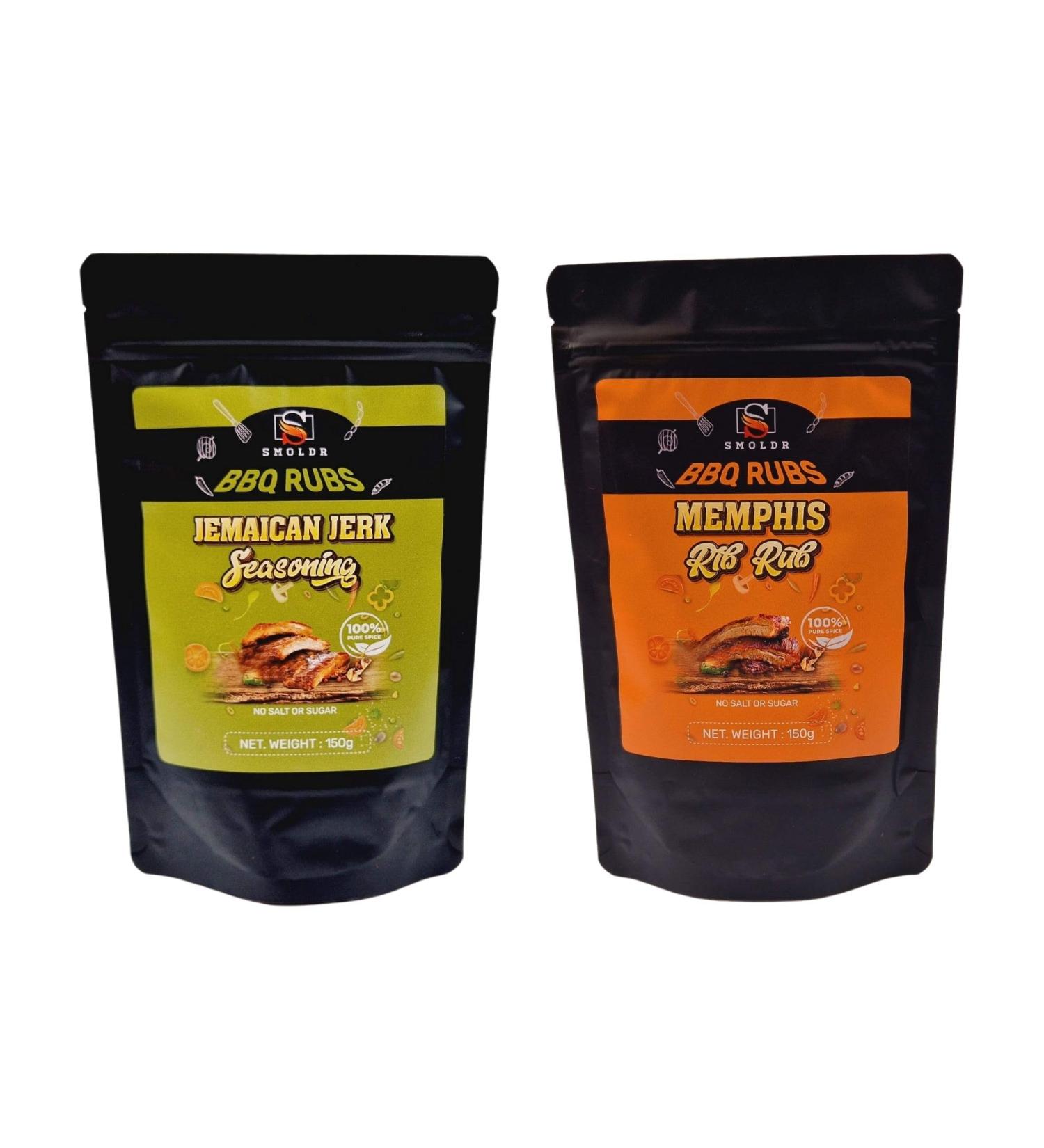 Smoldr BBQ Jamaican Jerk & Memphis Rib Rub - 2 x 150g Resealable Pouch, American Smokey Barbecue Seasoning - Buy Online on GoSupps.com