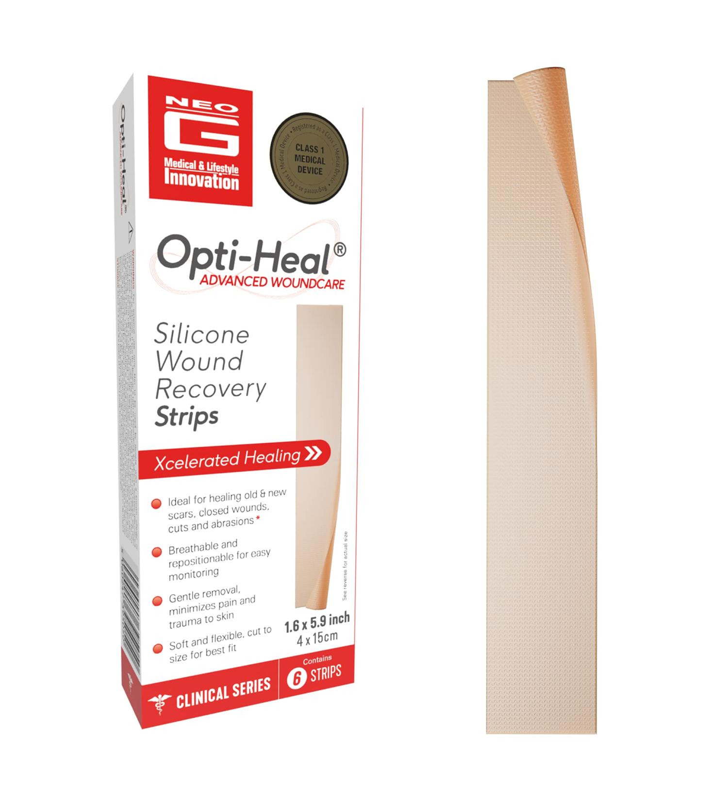 Neo G Opti-Heal Silicone Scar Strips for Surgical, C-Section, Burn, Acne, Keloid Treatment - 6 Strips - 1.6 x 5.9 inch - Medical Grade Scar Sheets - Buy Online on GoSupps.com