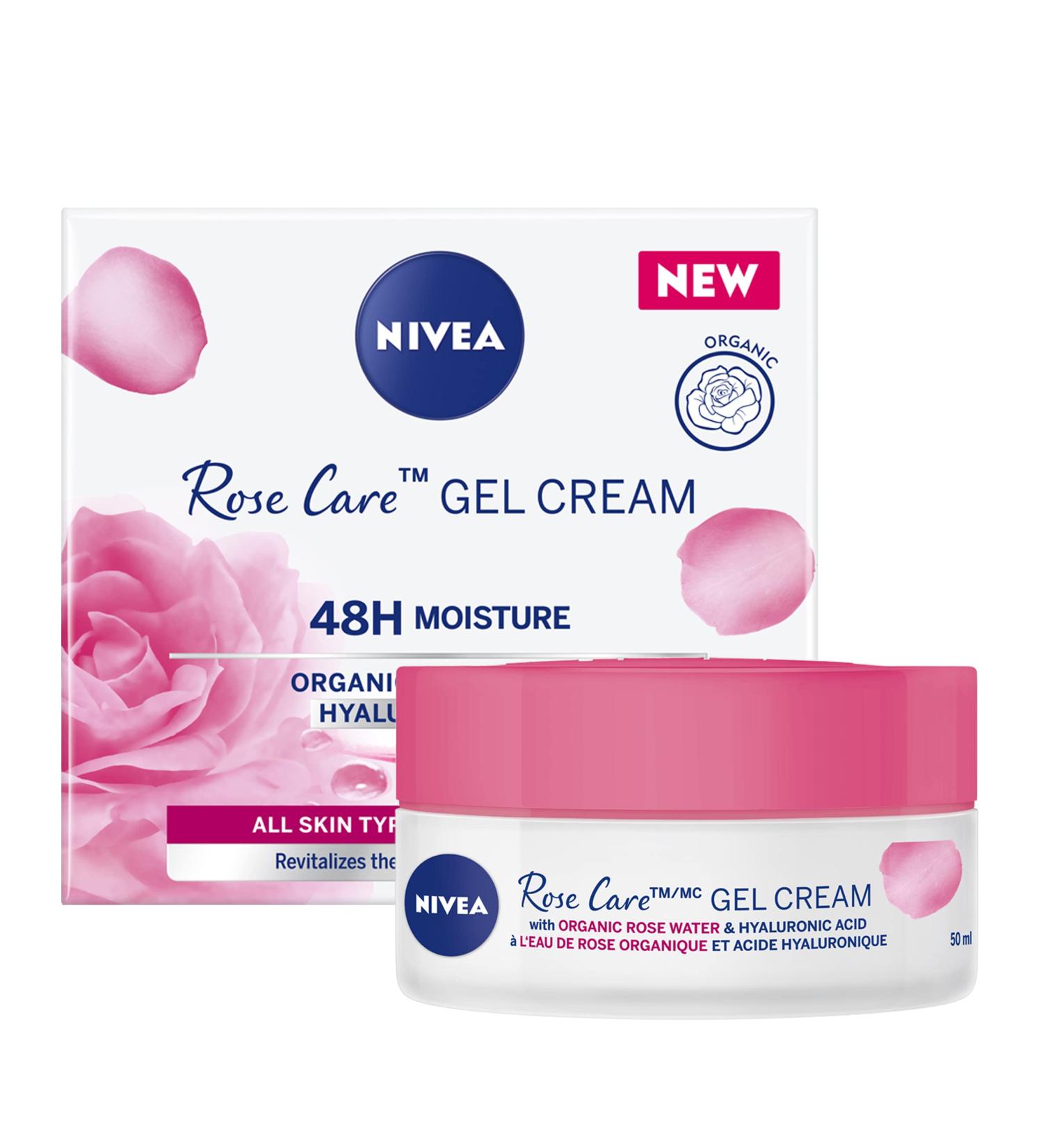 NIVEA Rose Care Gel Cream 48-Hour Hydrating Face Cream for All Skin Types Rose Water and Hyaluronic Acid Moisturizer for Face Dermatologically-Tested Skin Care 50mL - Buy Online on GoSupps.com
