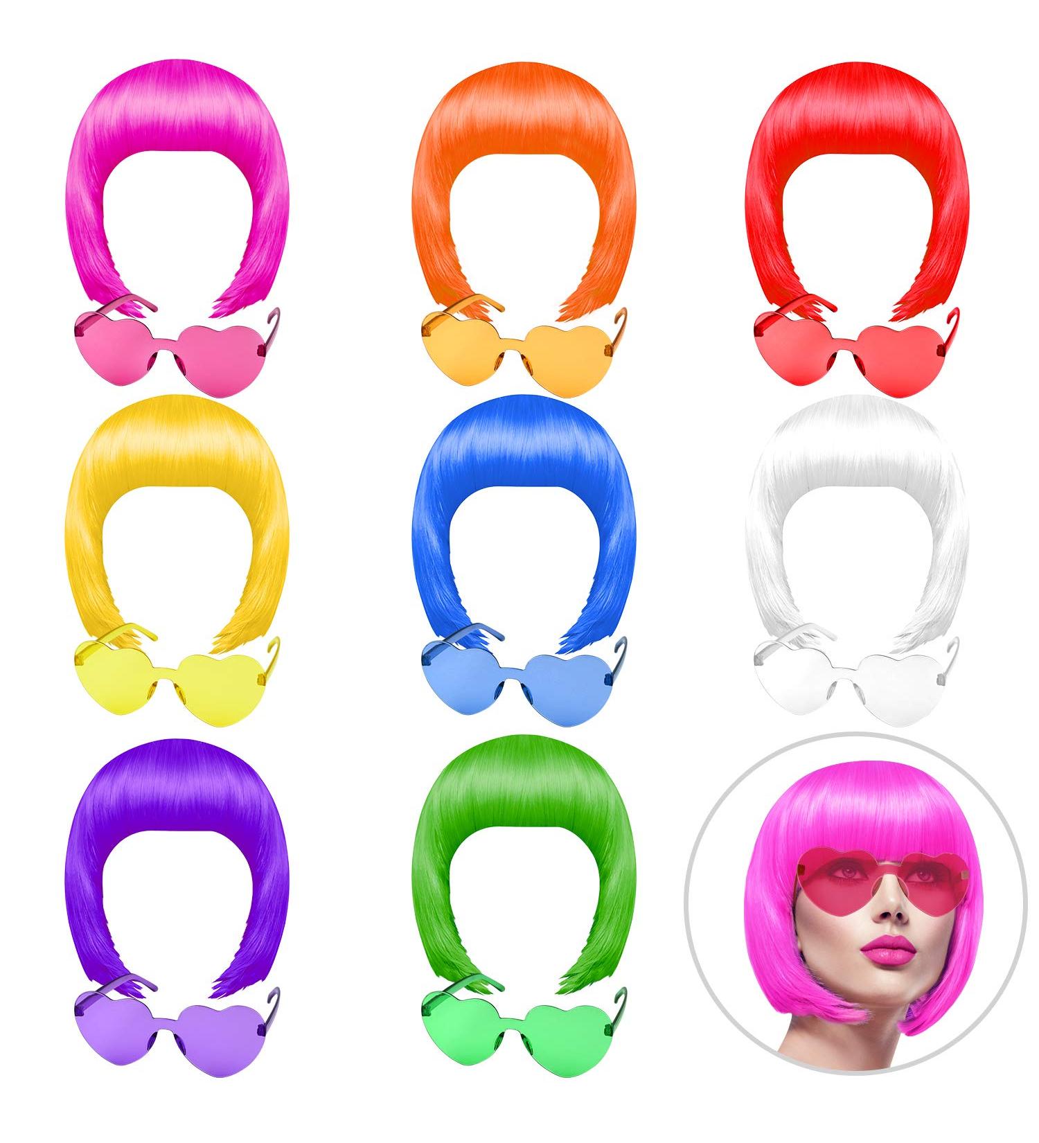 KUUQA 16 Piece Party Wigs & Sunglasses Set - Neon Bob Wigs, Sunglasses Pack for Bachelorette, Halloween & Neon Parties - 8 Colors - Buy Online on GoSupps.com