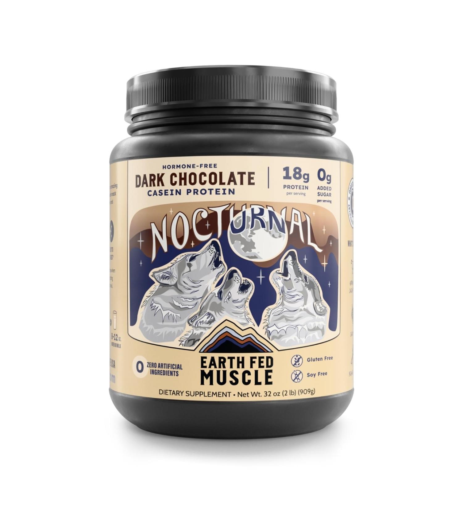 Earth Fed Muscle Nocturnal Casein Protein Powder Dark Chocolate Protein Powder with Whey Blend 18g Protein Sugar Free Gluten Free Nighttime Recovery Protein Poweder 2lb 23 Servings - Buy Online on GoSupps.com