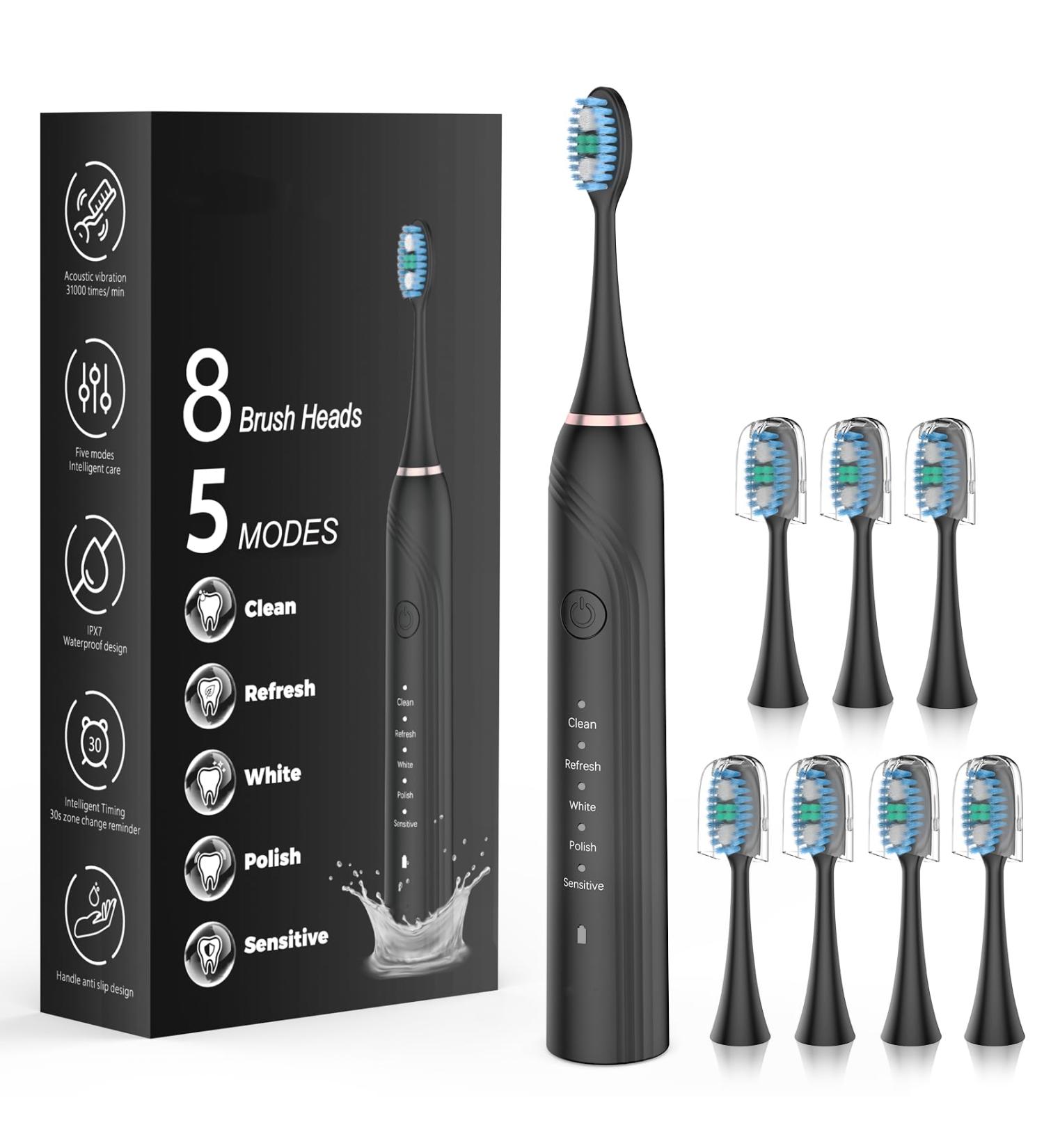 Electric Toothbrush - 8 Brush Heads 90 Days Battery Fast Wireless Charge 5 Modes & Smart Timer for Adults - Buy Online on GoSupps.com