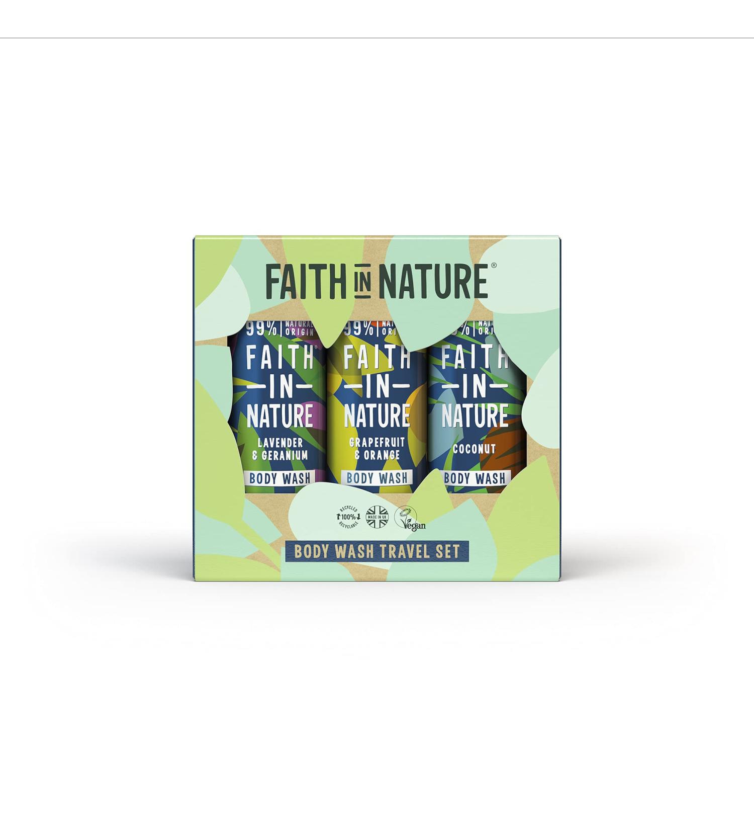 Faith In Nature 3 x 100ml Natural Body Wash Travel Gift Set - Vegan & Cruelty Free - No SLS or Parabens - Buy Online on GoSupps.com