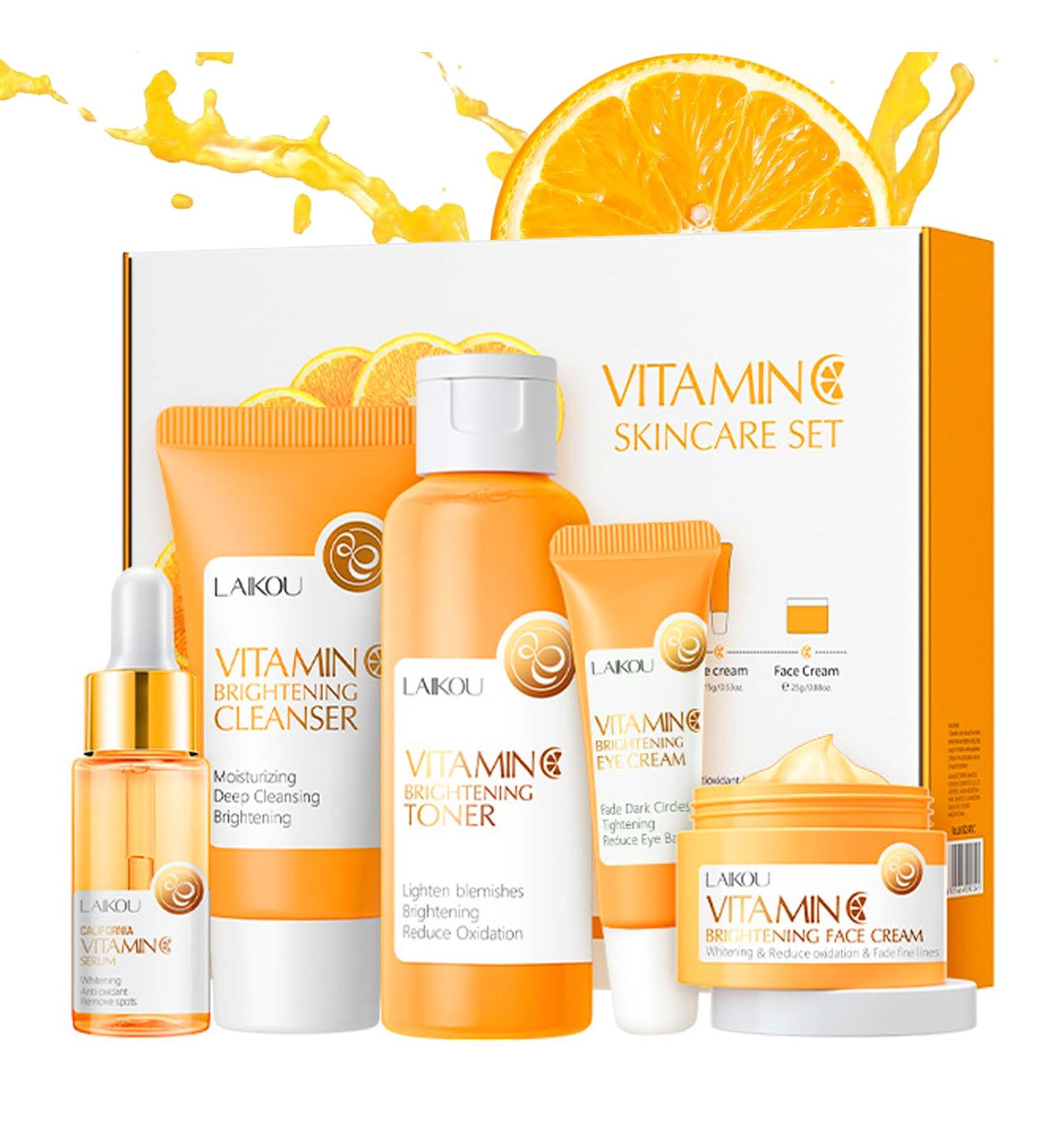 Vitamin C Skincare Set- Gifts For Teenage Girls & Women Vegan Beauty Gifs Gift For Her Birthday Gift Includes Face Serum Eye Cream-Cleanser Toner Moisturiser Set For Anti-Aging-Improve Acne marks - Buy Online on GoSupps.com