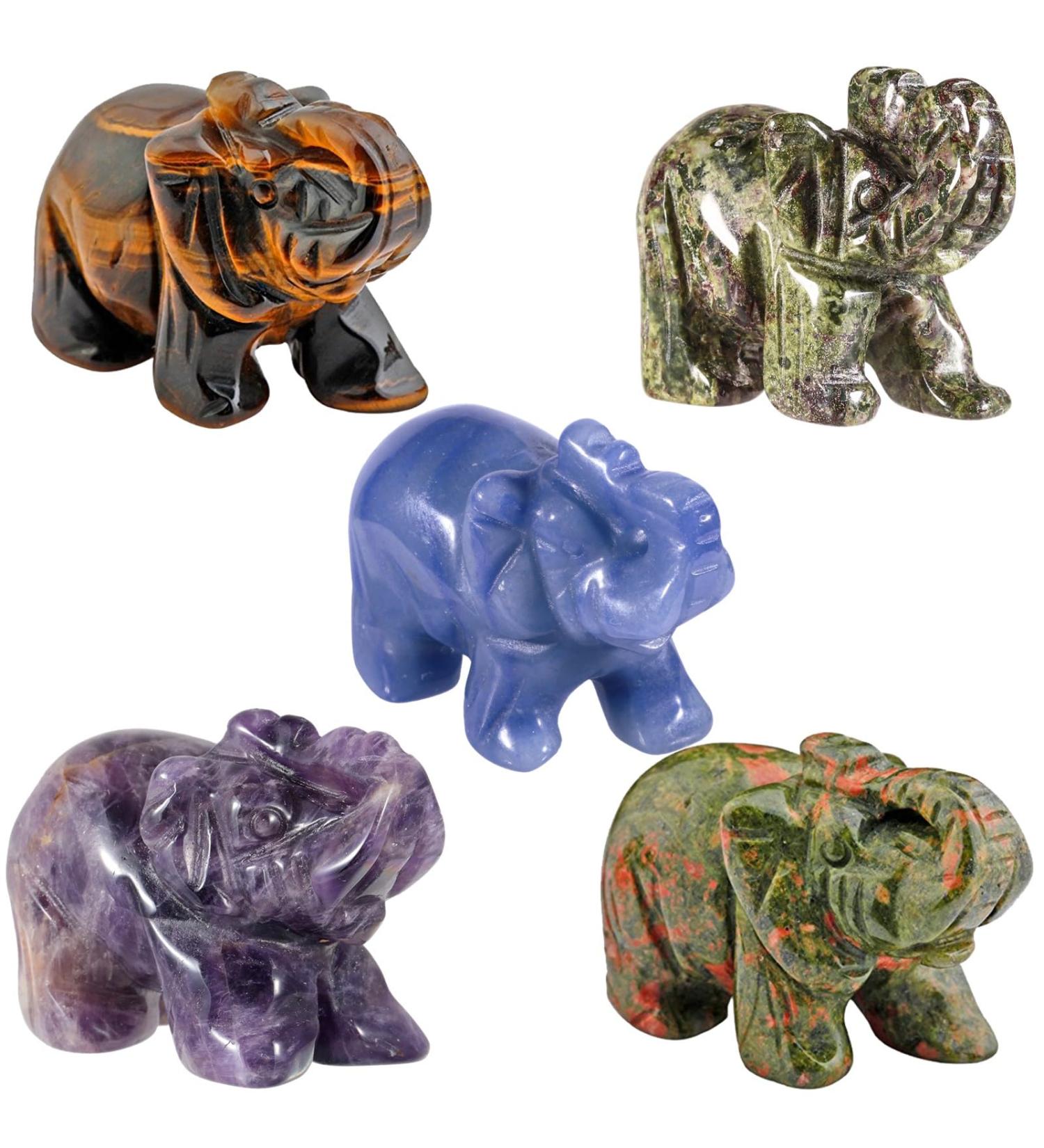 Mookaitedecor Set of 5 Natural Healing Crystal Elephant Ornaments - Good Luck Elephant Statues for Home D cor - 1.5 Inches - Purple, Blue, Brown, Green, Red - Buy Online on GoSupps.com